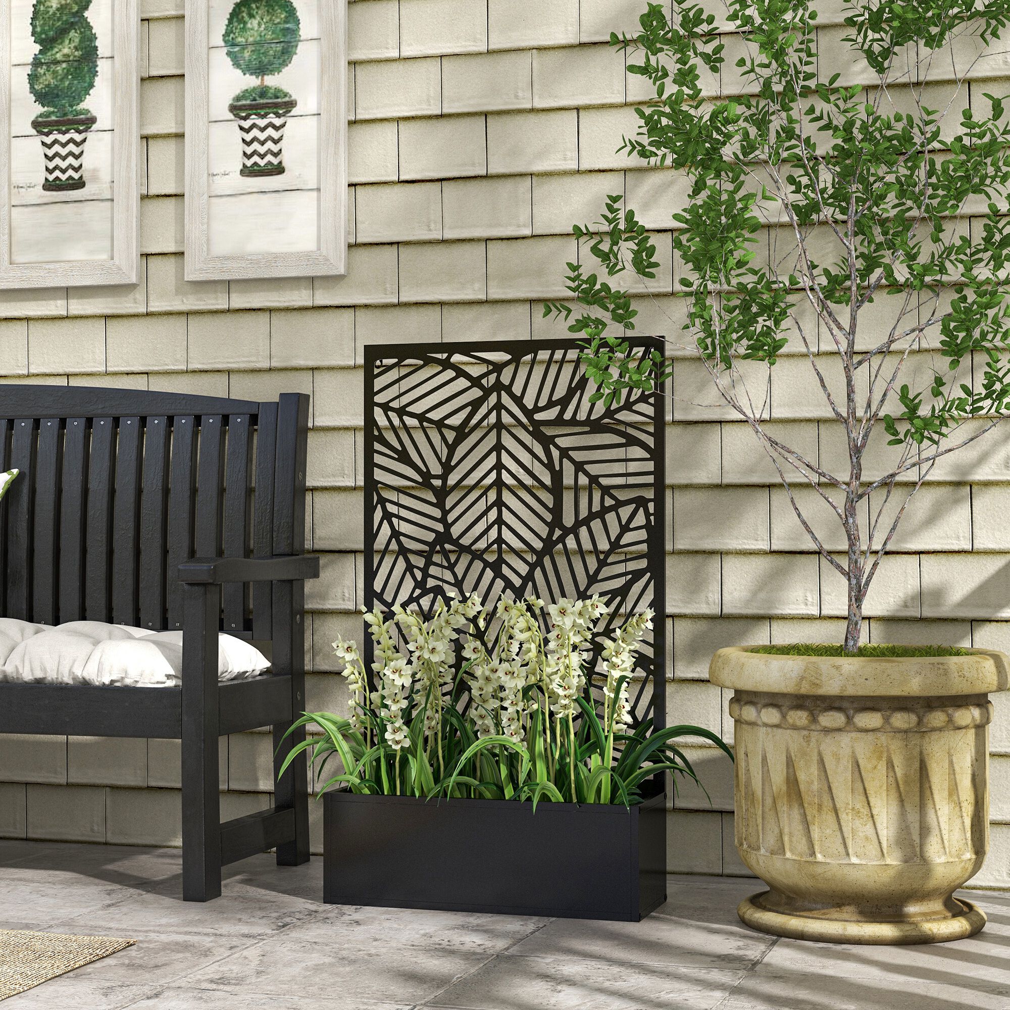 Outsunny Jardinera con Biombo de Metal Huerto Urbano de Pared o de Pie para Cultivos Plantas Flores o Decoraci&oacute;n en Terraza Jard&iacute;n Hogar 61x23x113 cm Negro, , large Imagen numero 2