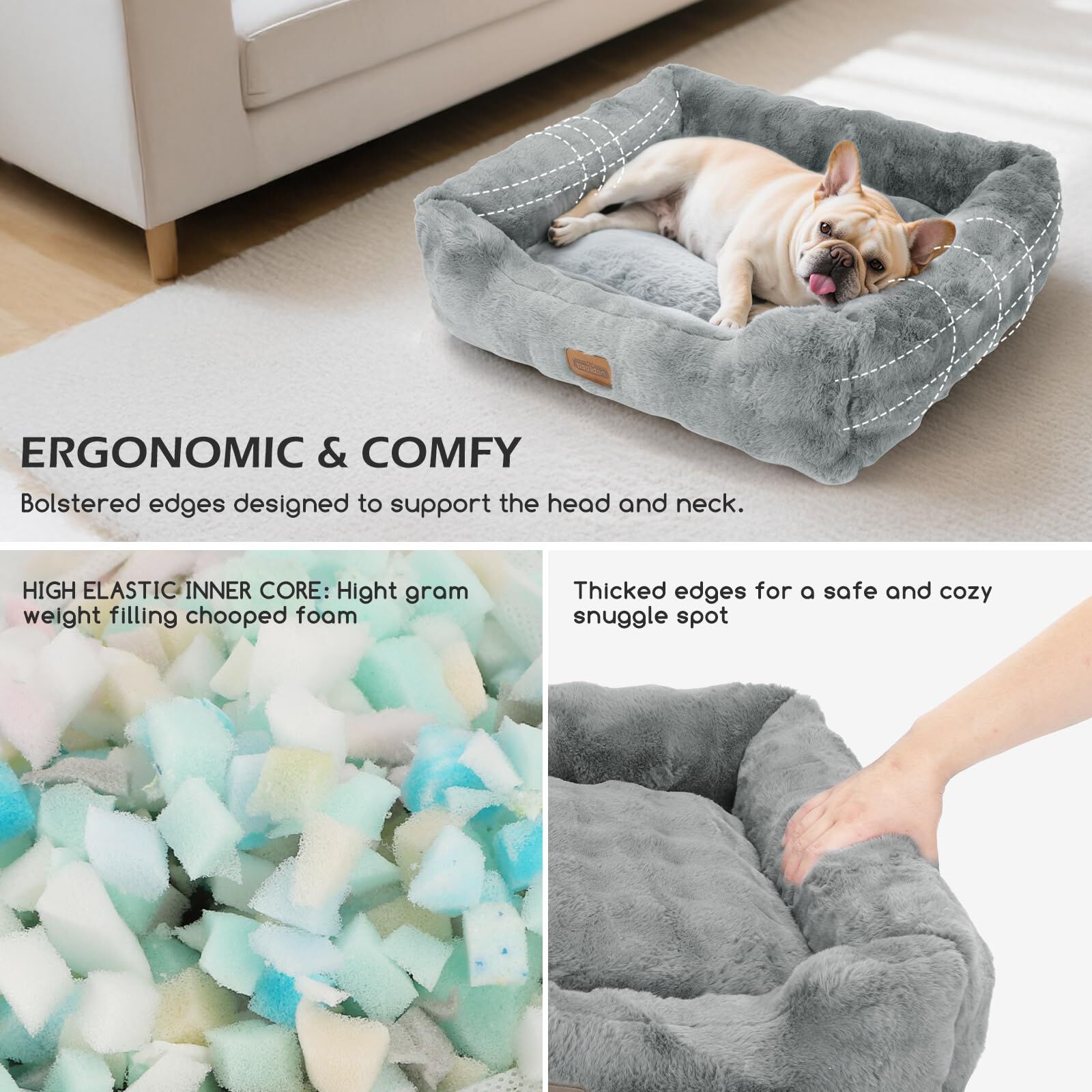 Nobleza Cama Perros Peque&ntilde;os, Cama Gatos Peludo y Mullido, Felpa de Burbujas Ultra Suave, Acolchado Reforzado, Funda Desenfundable F&aacute;cil Limpieza, Base Antideslizante, 85x75x20cm, Gris, , large Imagen numero 4