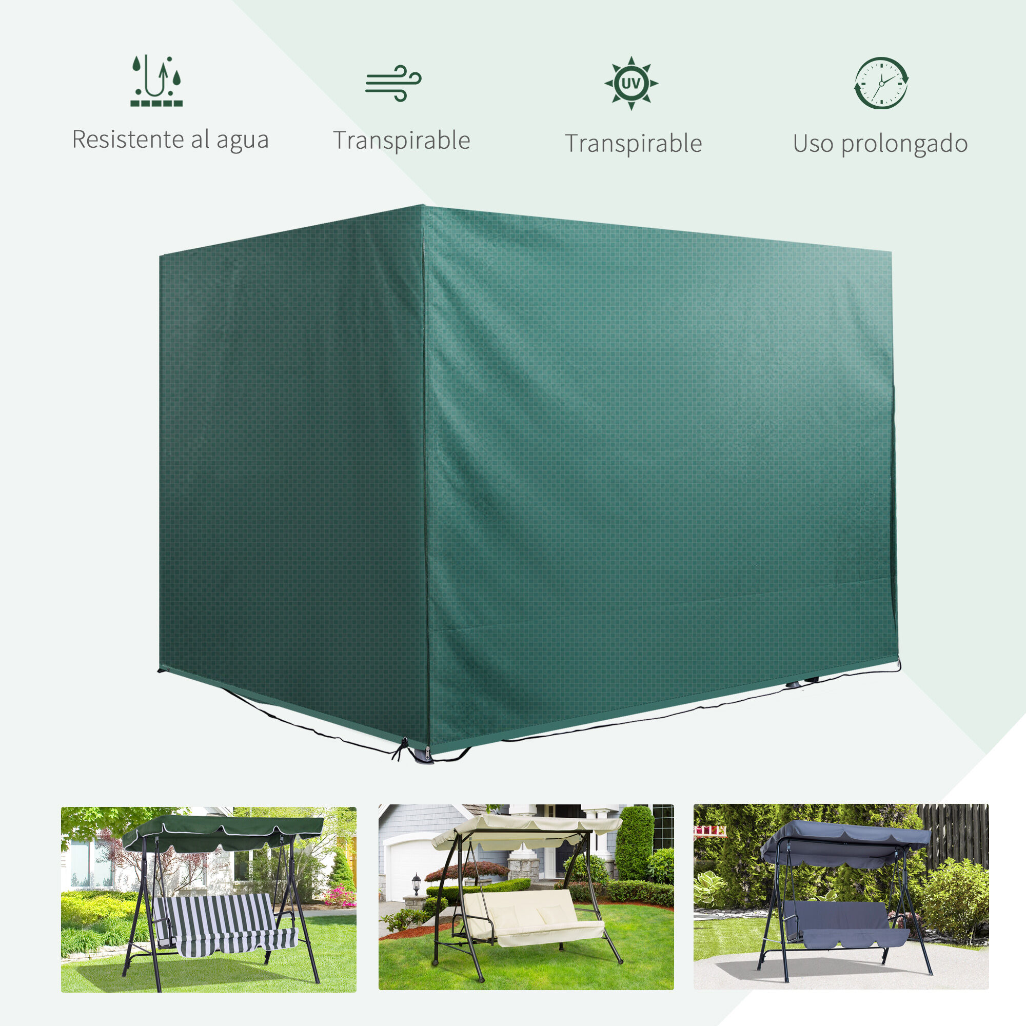 Outsunny Funda Protectora para Columpio Balanc&iacute;n de Jard&iacute;n de 3 Plazas 215x155x150 cm Impermeable con Cremallera Cubierta de Muebles Exterior Antipolvo Antiviento Verde, , large Imagen numero 4