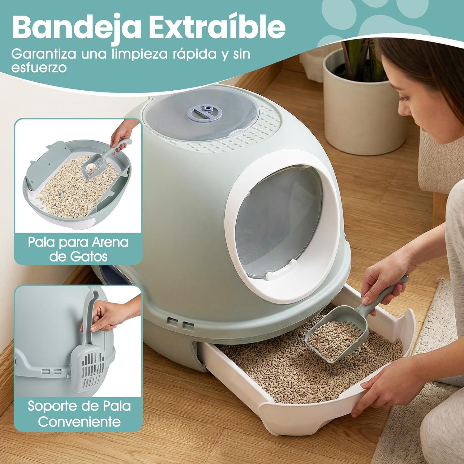 COSTWAY Arenero para Gatos Cubierto, Estilo Helic&oacute;ptero, Caja de Arena Plegable para Gato con Entrada Frontal y Salida Superior, Pala, Bandeja Port&aacute;til para Gatos Grandes, 54 x 46 x 39 cm (Azul), , large Imagen numero 3