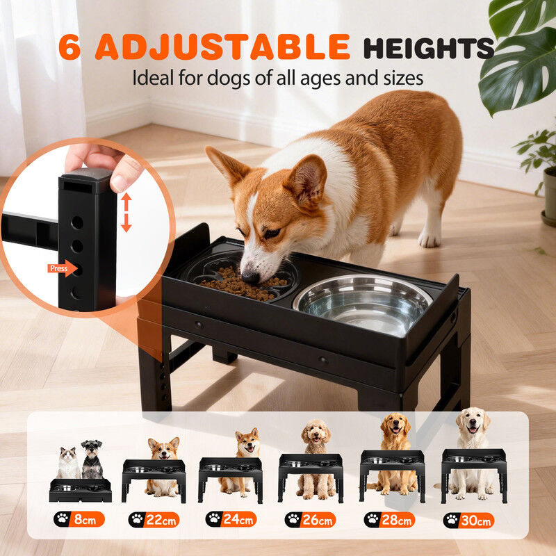 Nobleza Comedero Elevado para Perros y Gatos, Soporte Ajustable a 6 Alturas y Reclinable, Kit de 2 Cuencos: 1000ml Acero Inoxidable y 600ml Comedero Antivoracidad, Dise&ntilde;o Antiderrame, Negro, , large Imagen numero 2