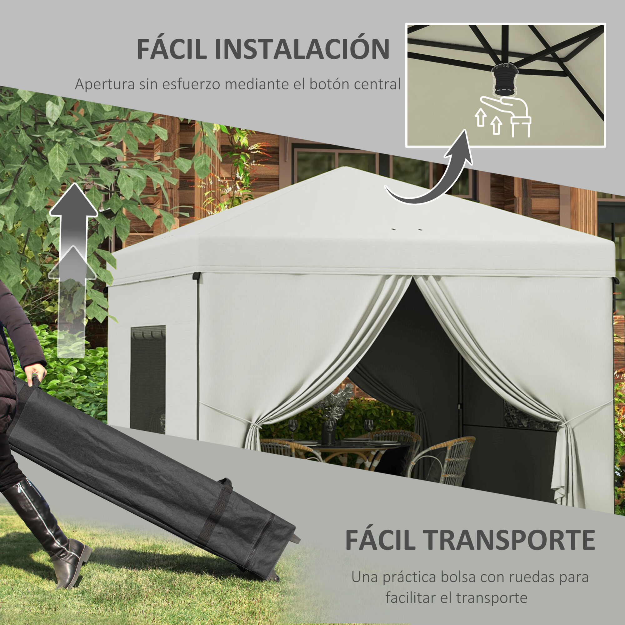 Outsunny Carpa Plegable Pop-Up 3x3 m Cenador de Jard&iacute;n con 4 Paredes Laterales 2 Ventanas de Malla Altura Ajustable Bolsa de Transporte Impermeable y Anti-UV para Camping Fiestas Blanco, , large Imagen numero 4