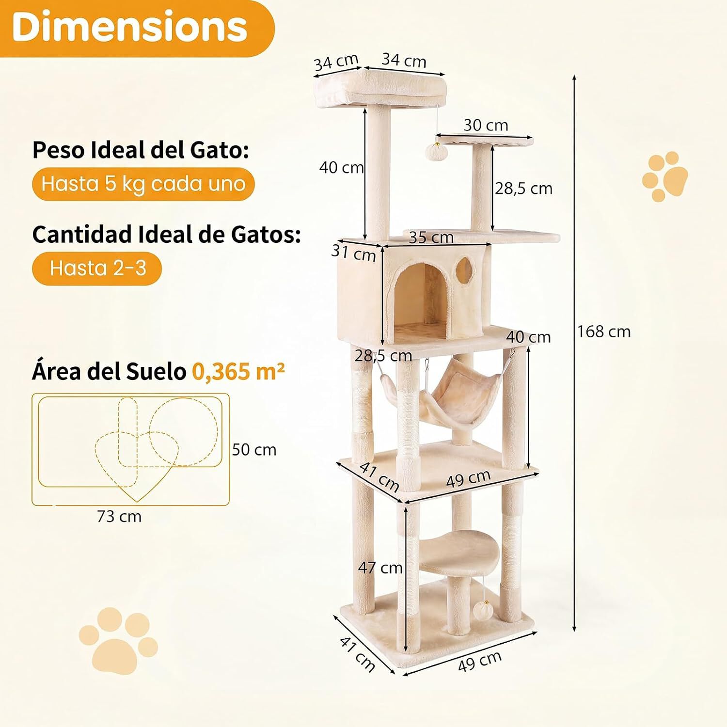 COSTWAY &Aacute;rbol para Gatos Multinivel con Postes Rascadores de Sisal Natural | 168 cm Torre para Gatitos de Interior con Perchas, Hamaca, Condominio y Pompones Colgantes, Mueble de Escalada Felino, , large Imagen numero 5