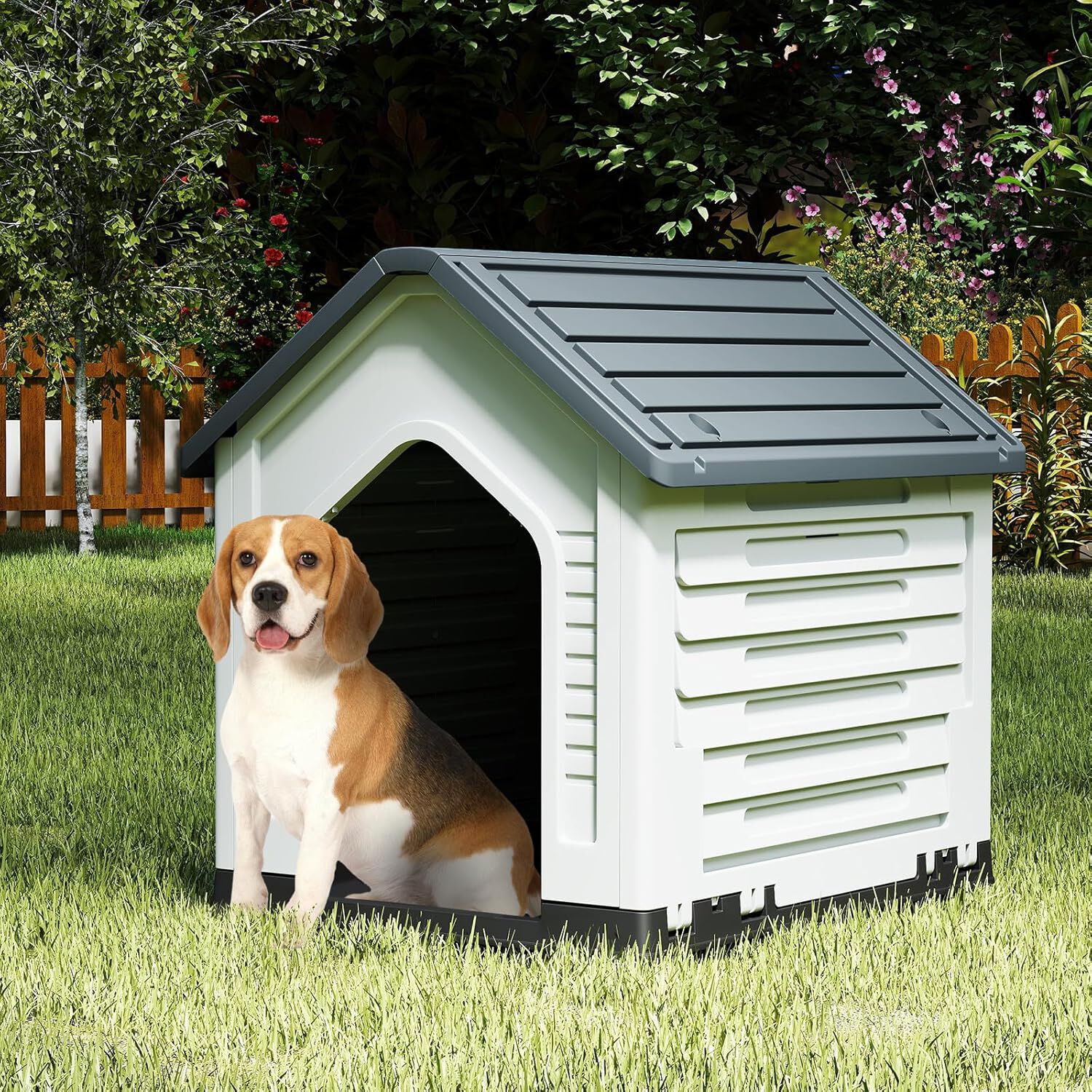 COSTWAY Caseta de Pl&aacute;stico para Perros, Refugio para Mascotas Impermeable con Puerta Met&aacute;lica con Cerradura, Techo Inclinado y Rejillas de Ventilaci&oacute;n, Caseta Perro para Interior y Exterior (Gris), , large Imagen numero 2
