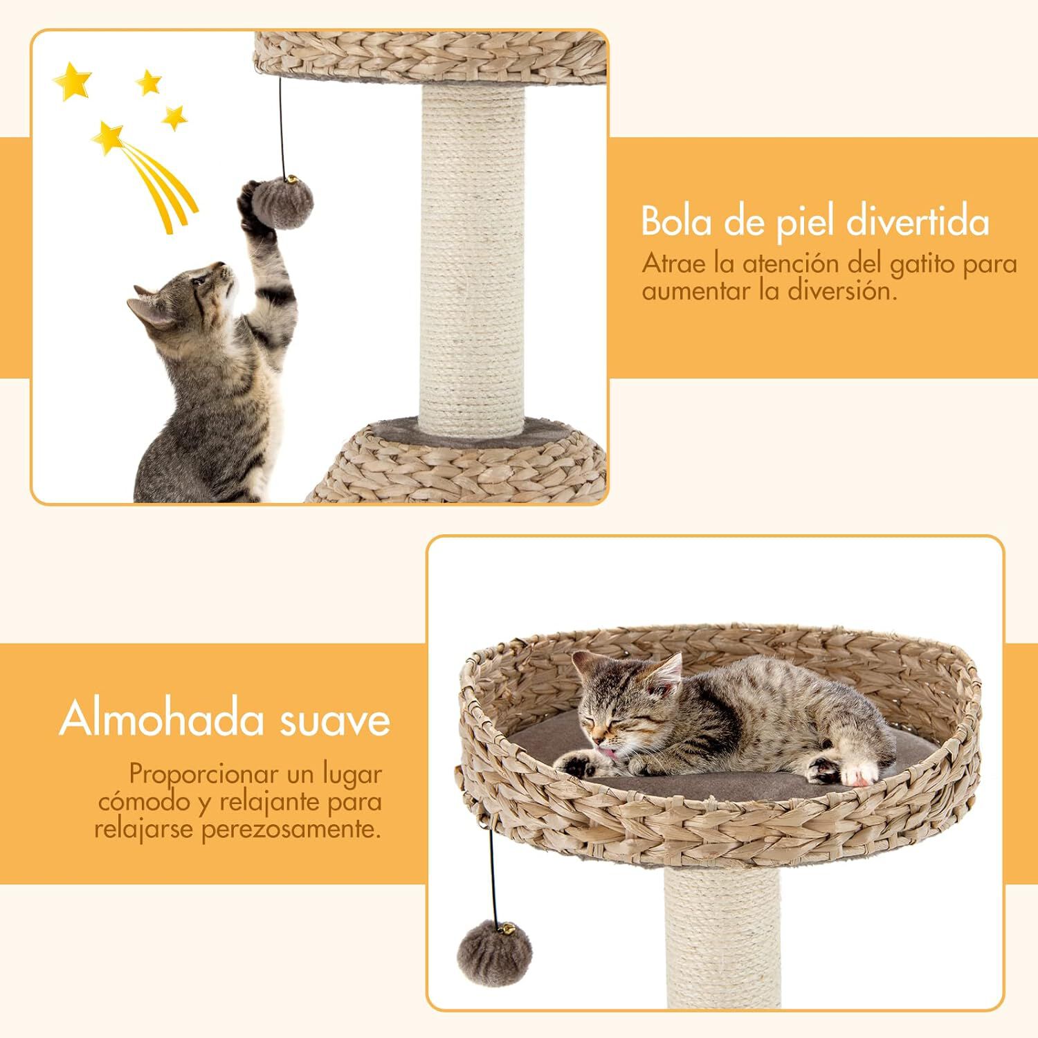 COSTWAY &Aacute;rbol para Gatos con Palo Rascador en Sisal Natural, Posadero y Nicho Relajante, Pelota Juguete Colgando, Centro Actividad Torre para Gatos Vers&aacute;til, , large Imagen numero 3