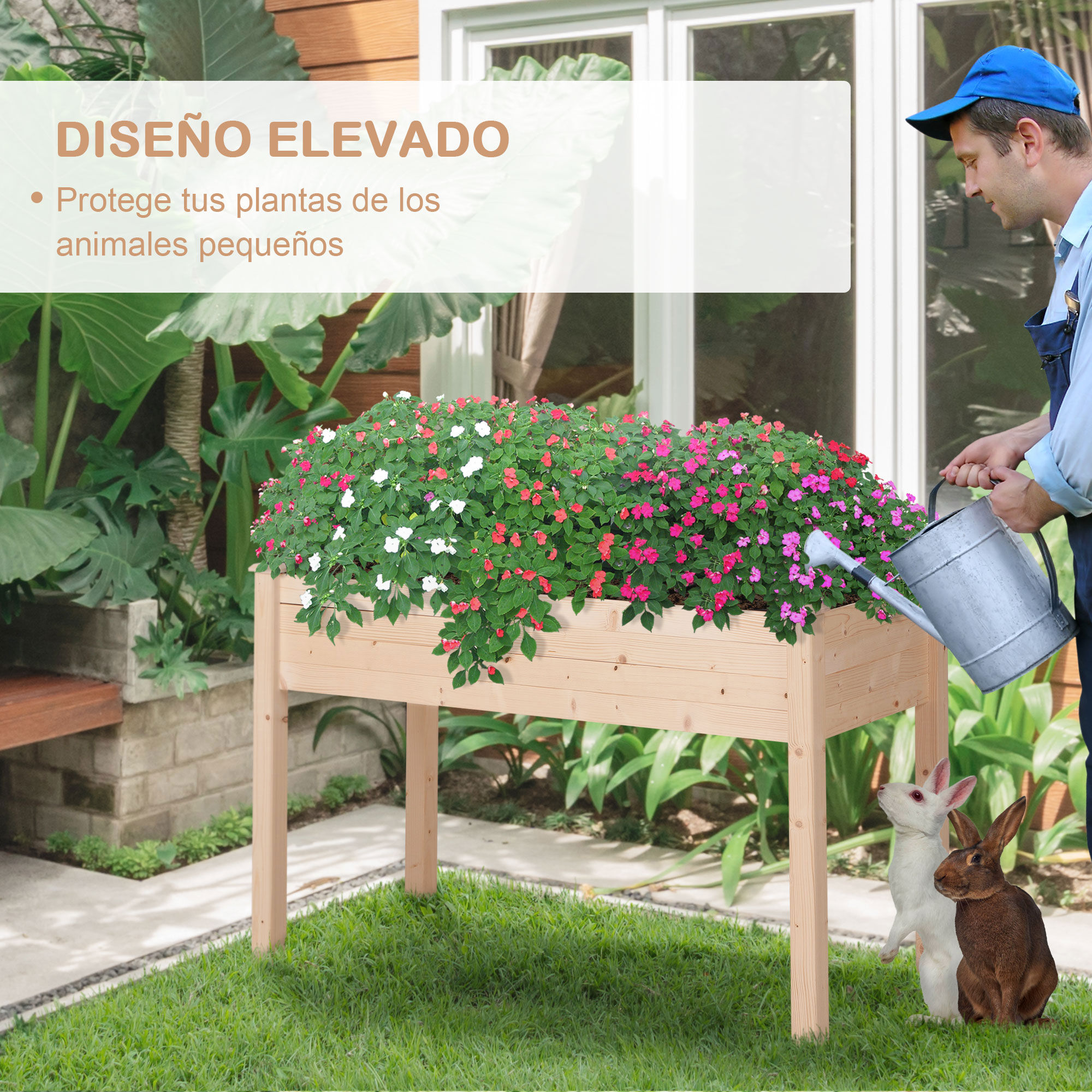 Outsunny Huerto Urbano Elevado de Madera 122,5x56,5x76 cm Jardinera Elevada Mesa de Cultivo con Tela no Tejida y 4 Orificios de Drenaje para Cultivos Plantas Flores Natural, , large Imagen numero 5