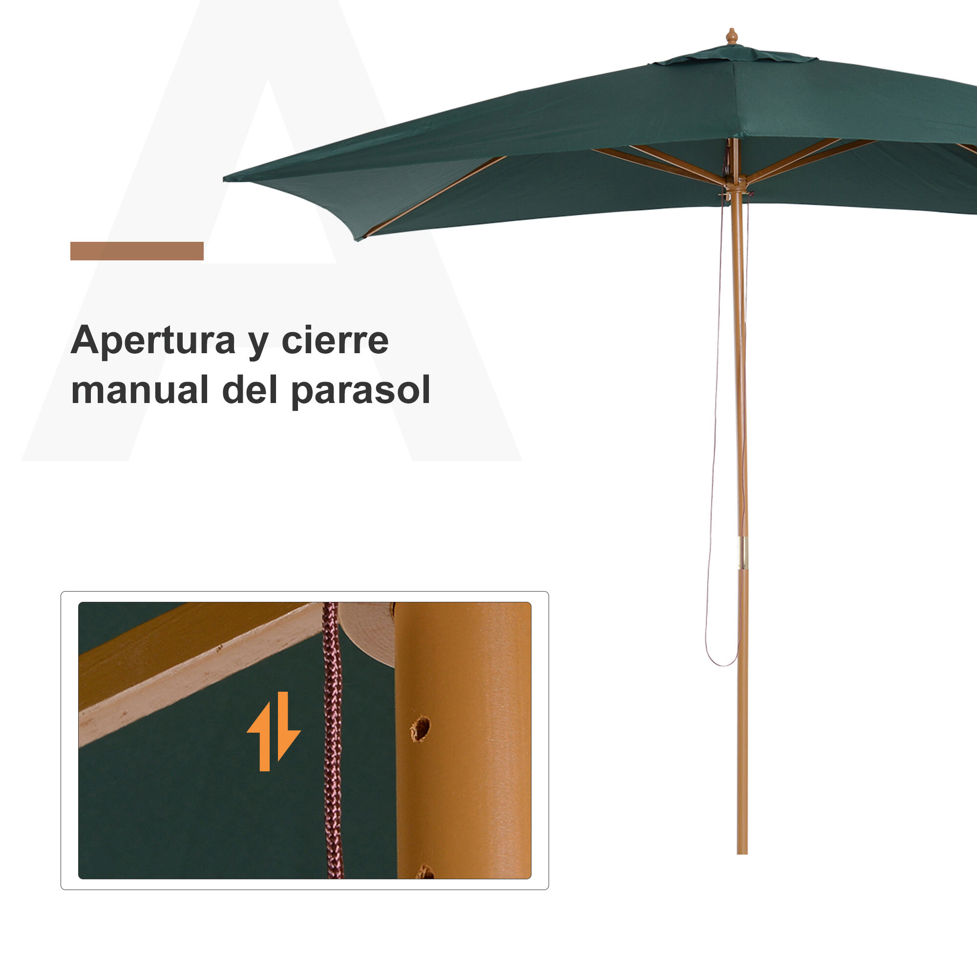 Outsunny Sombrilla Parasol 3x2m y Altura 2,55m Jard&iacute;n Terraza Poli&eacute;ster 180 g/m&sup2; y Madera Verde Oscuro, , large Imagen numero 5