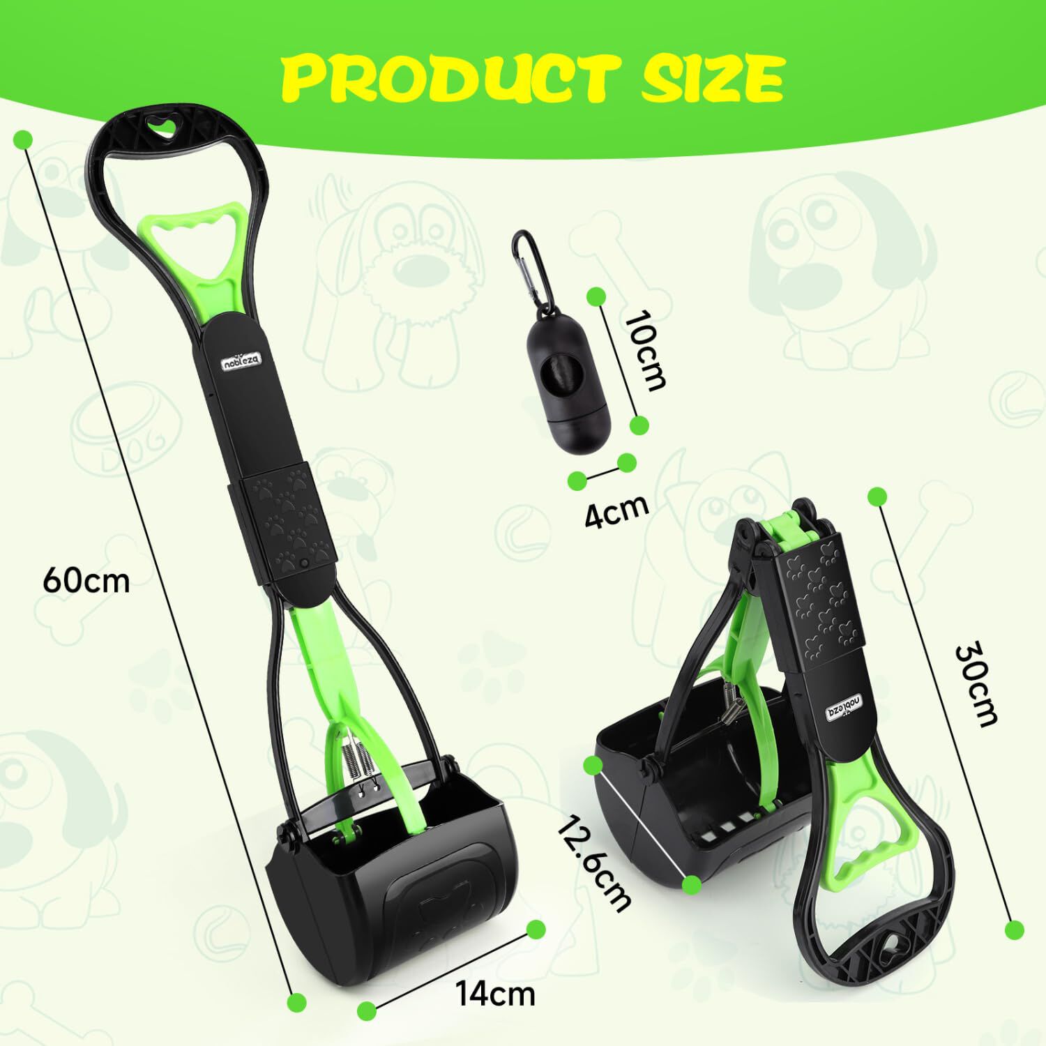 Nobleza Recogedor de Caca de Perros, 60cm Recoge Cacas de perro Port&aacute;til Plegable, Dog Poop Scooper con 1 Rollo de Bolsas para Excrementos y 1 Dispensador, Mango Largo, S&oacute;lido Dentado, , large Imagen numero 4