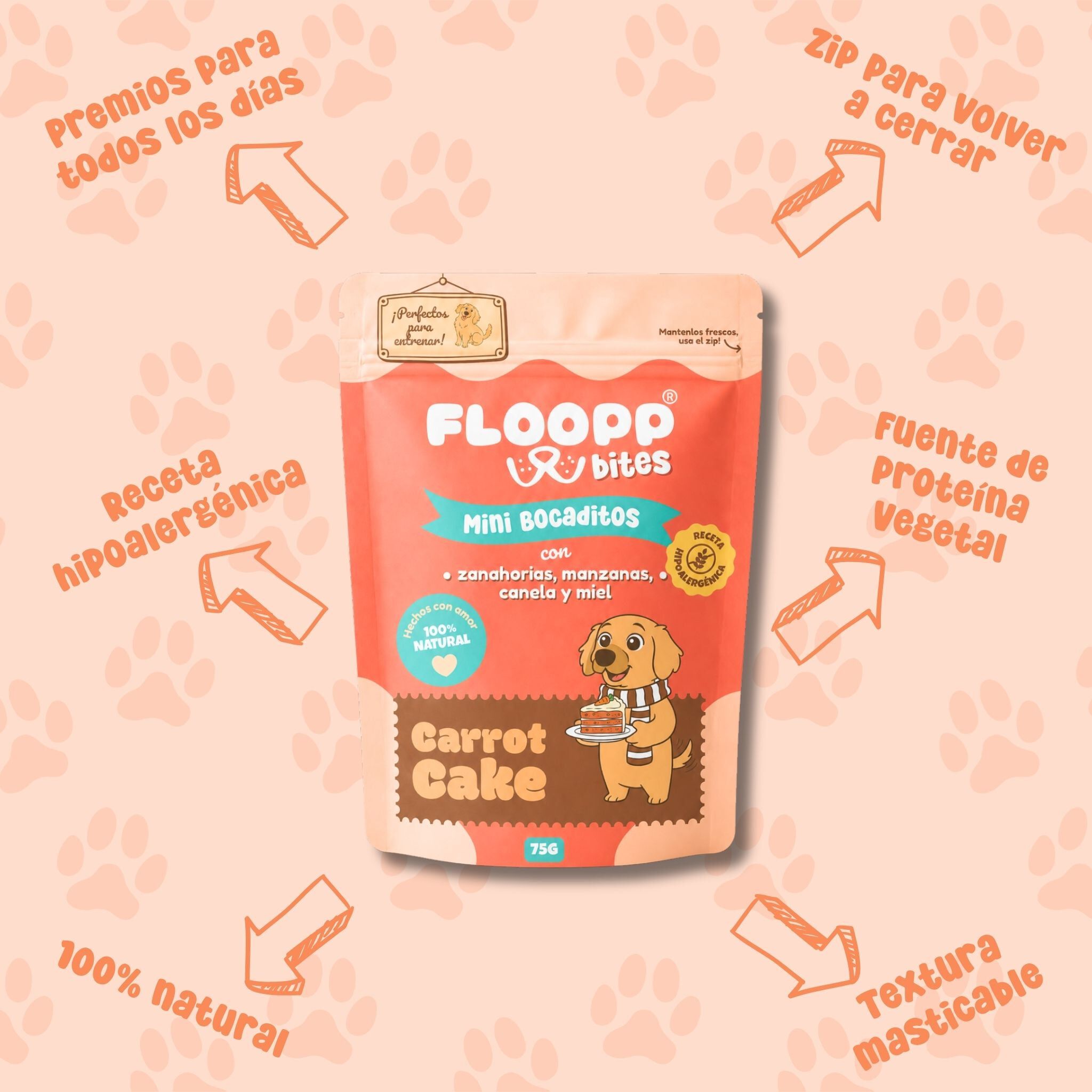 Floopp Bites Snacks Hipoalerg&eacute;nicos para Perros | Carrot Cake Chewy | 75 g, , large Imagen numero 4