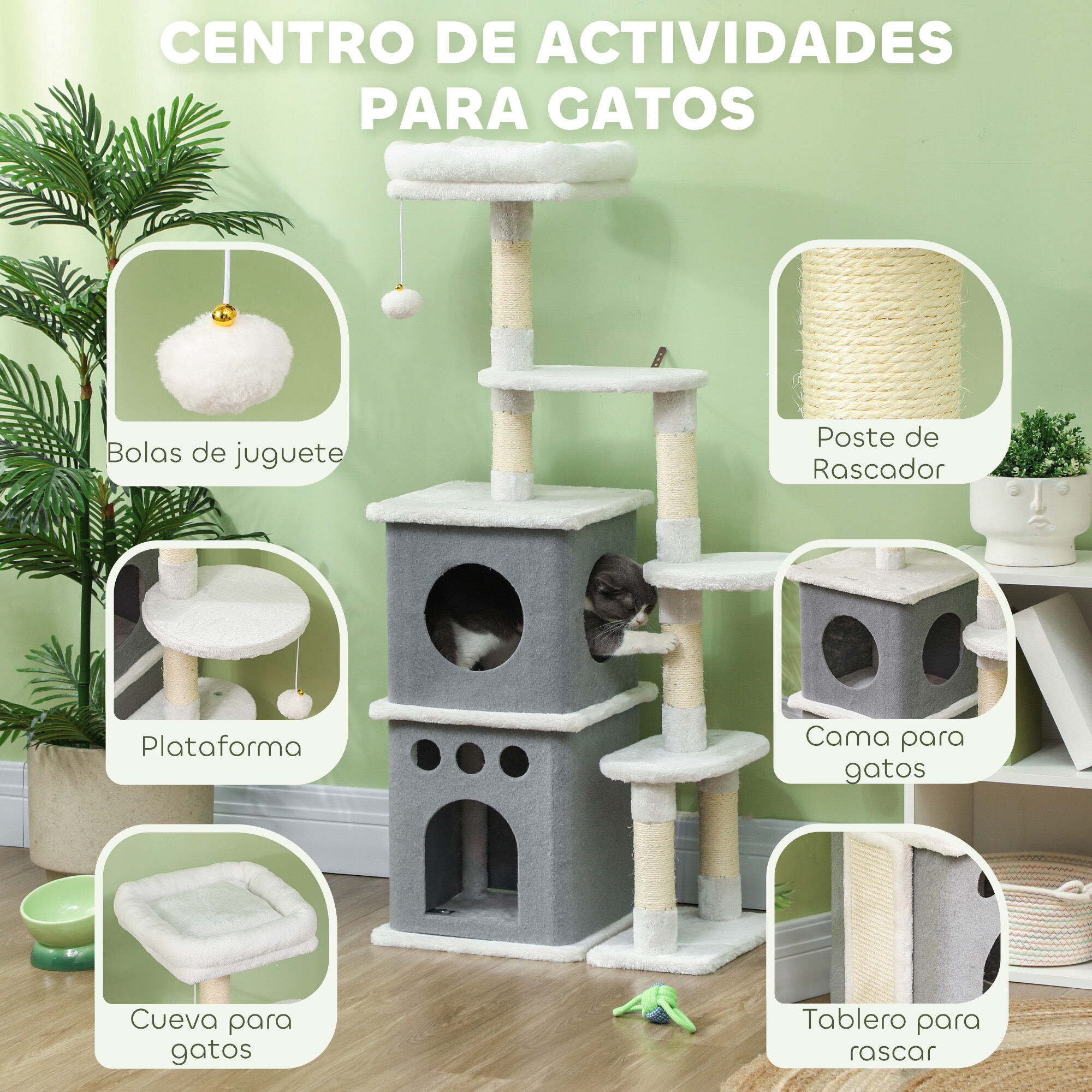 PawHut &Aacute;rbol Rascador para Gatos 126 cm Torre para Gatos Rascador para Gatos con Nidos Plataformas Bolas Colgantes y Postes de Sisal Crema, , large Imagen numero 5