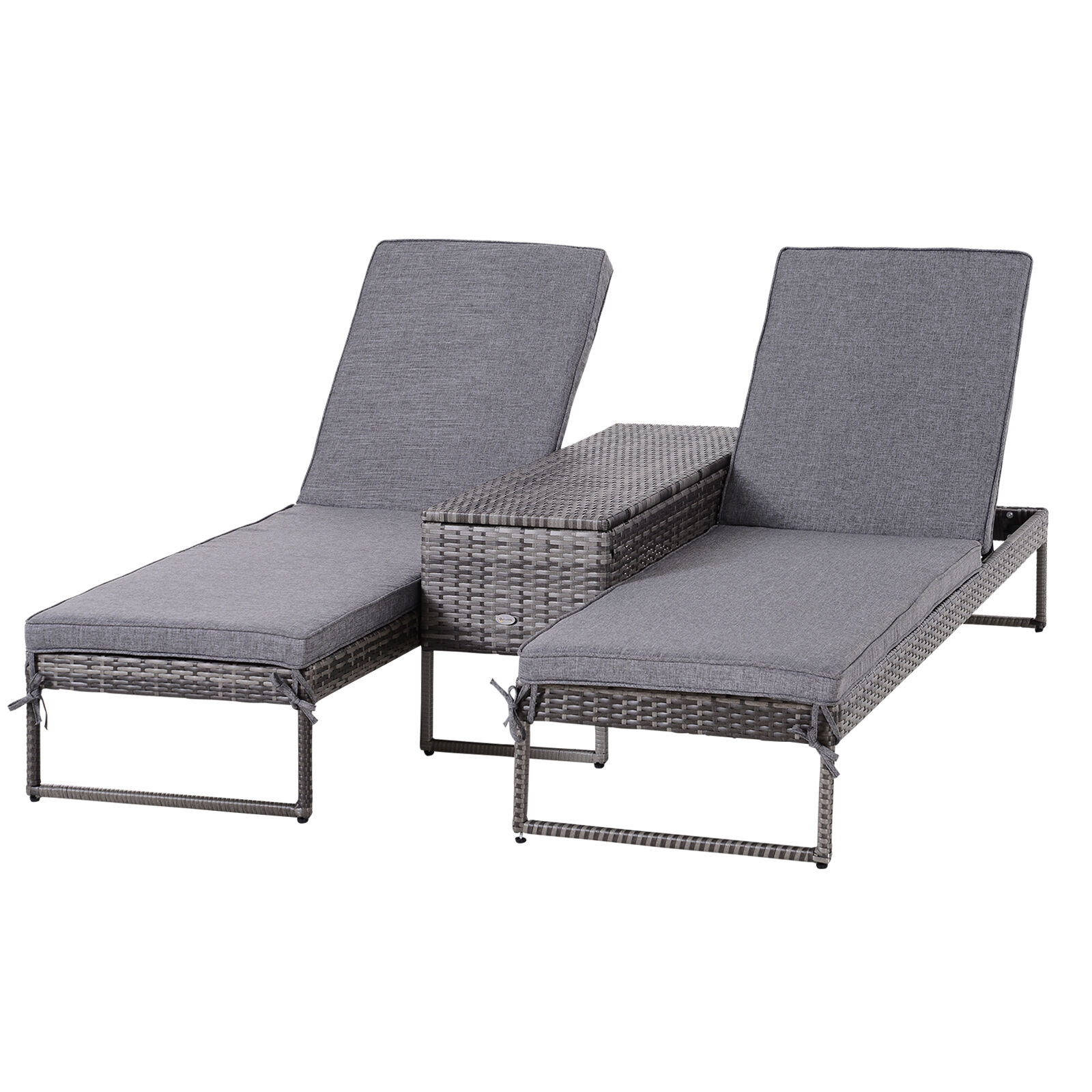 Outsunny Conjunto de 2 Tumbonas de Jard&iacute;n con Cojines Acolchados Rat&aacute;n con Mesa Auxiliar para Piscina o Terraza Carga 160kg 195x60x86 cm Acero Gris, , large Imagen numero 1