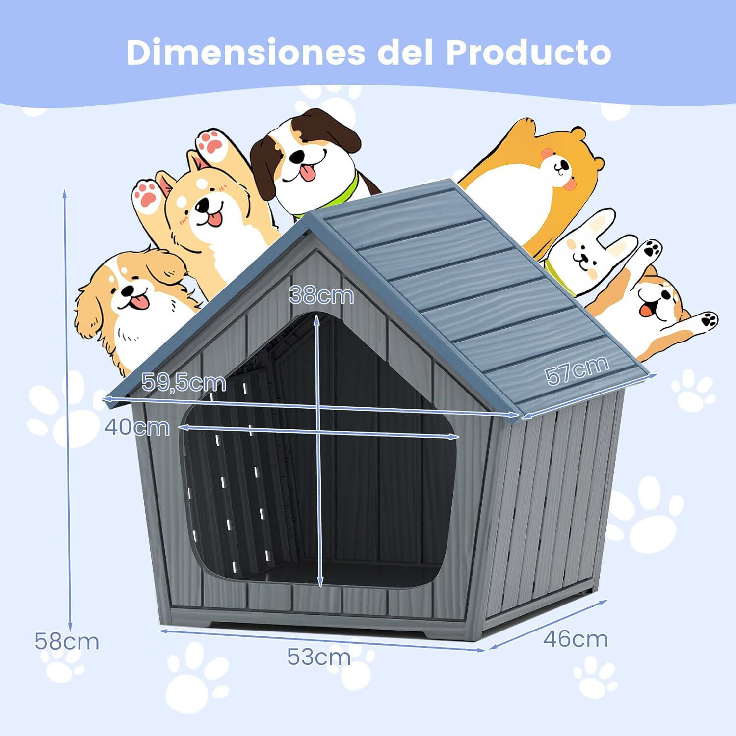 COSTWAY Caseta Gatos Exterior, 59,5x57x58 cm, Casa para Gatos Impermeable de Pl&aacute;stico, Resistente a la Intemperie, Condominio para Mascotas de Interior Exterior con Ventilaci&oacute;n y Techo Inclinado, Azul, , large Imagen numero 5