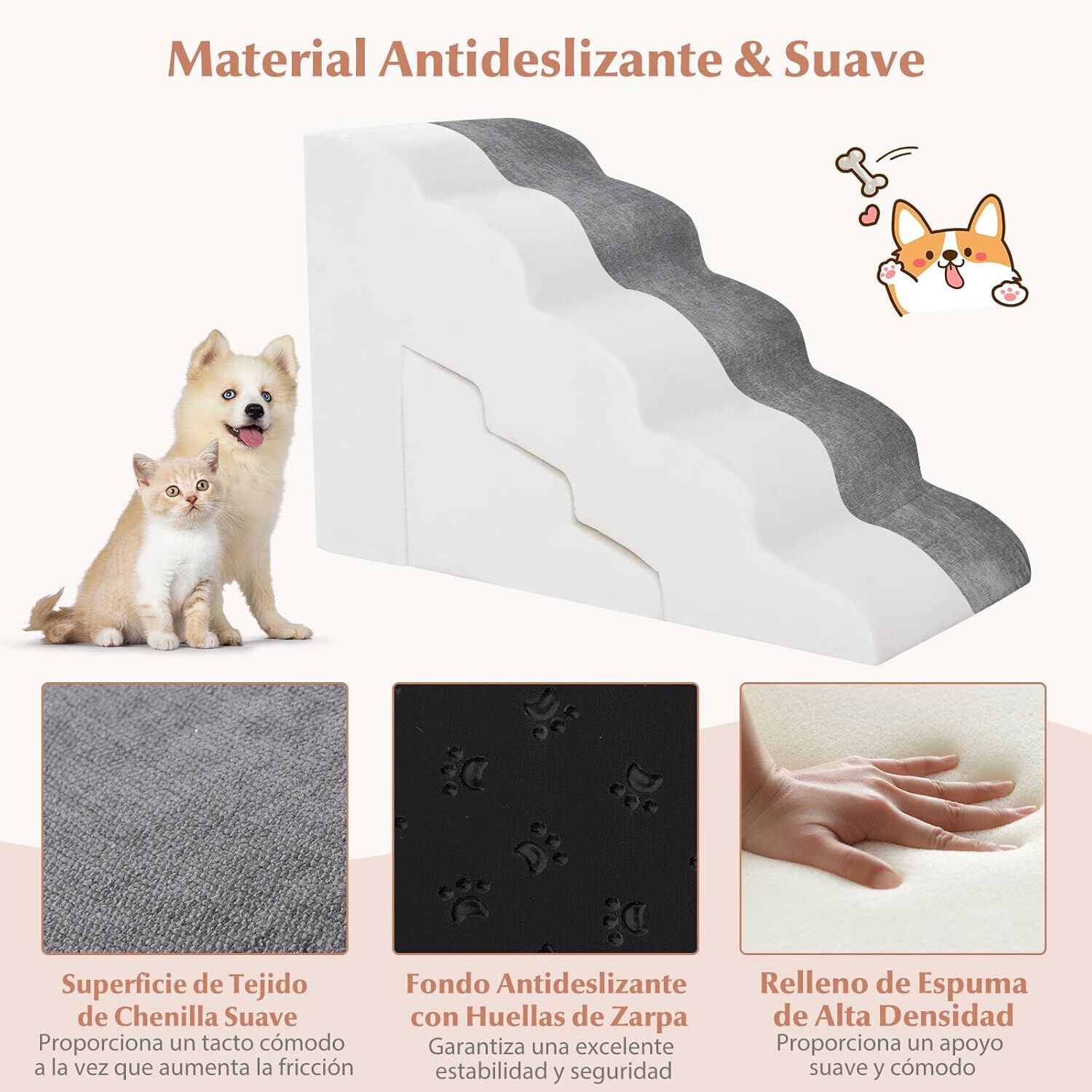 COSTWAY Rampa para Perros de Espuma de 5 Niveles, 56 cm Escalera para Mascotas Extra&iacute;ble y Lavable, Escalones para Perros de Espuma, 2 Rampas para Subir Mascotas (gris), , large Imagen numero 2