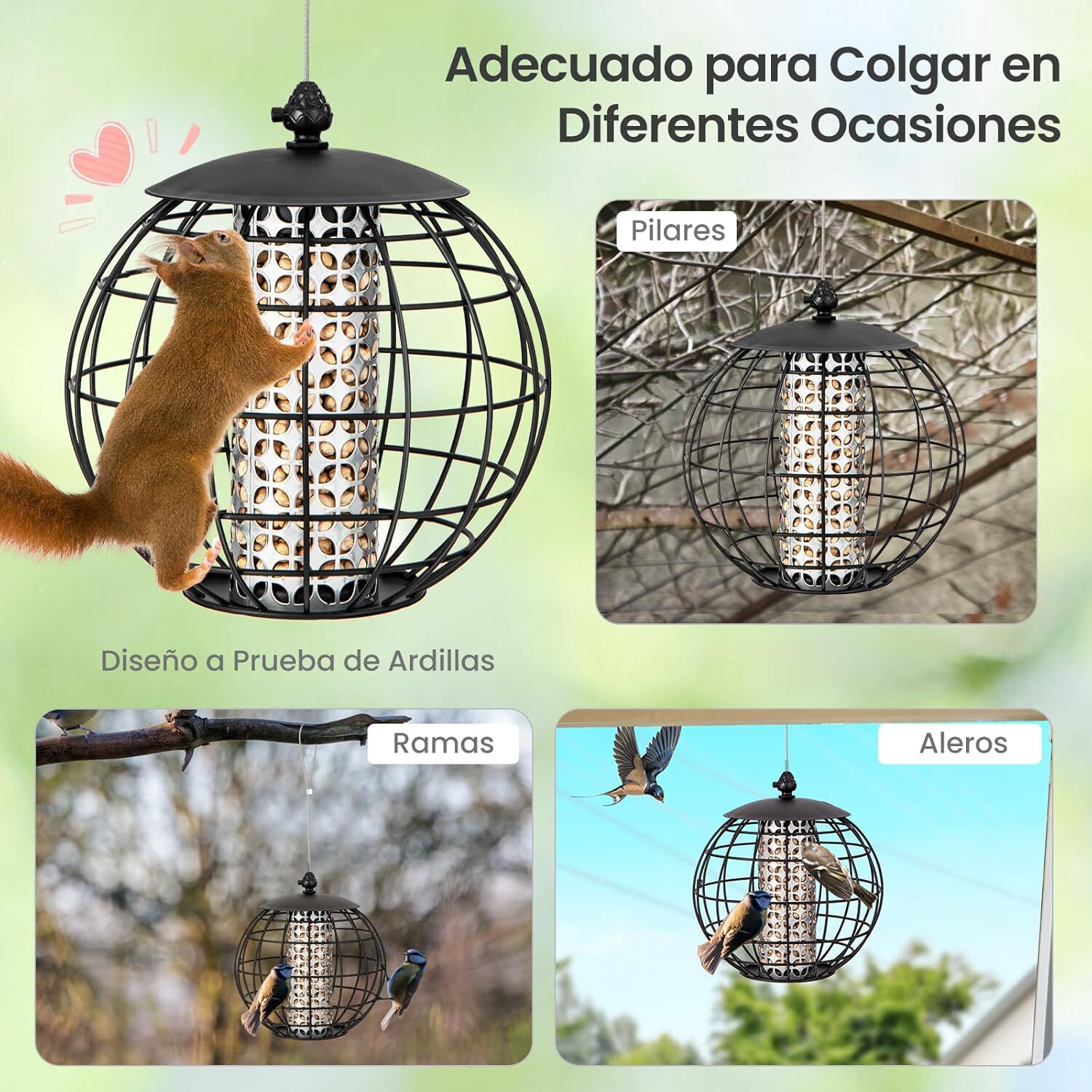 COSTWAY Comedero para P&aacute;jaros, Alimentador de P&aacute;jaros a Prueba de Ardillas para Colgar, Alimentador de Semillas Enjaulado, Marco de Metal Resistente a la Intemperie para Jard&iacute;n Exterior, , large Imagen numero 4
