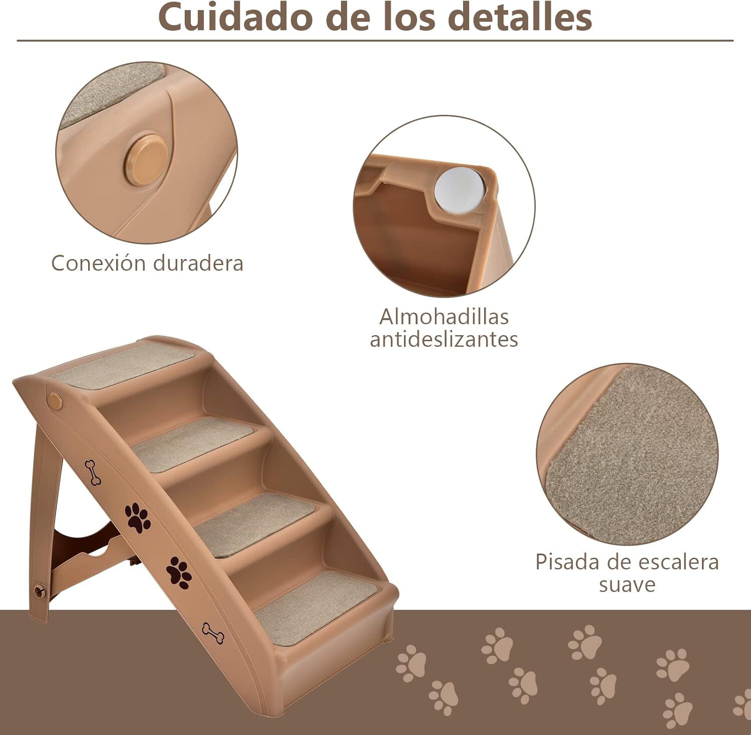 COSTWAY Escalera de Pl&aacute;stico Plegable para Mascotas con 4 Pelda&ntilde;os, Fieltro Blando, Ideal para Mascotas de Talla Peque&ntilde;a y Mediana (marr&oacute;n), , large Imagen numero 5