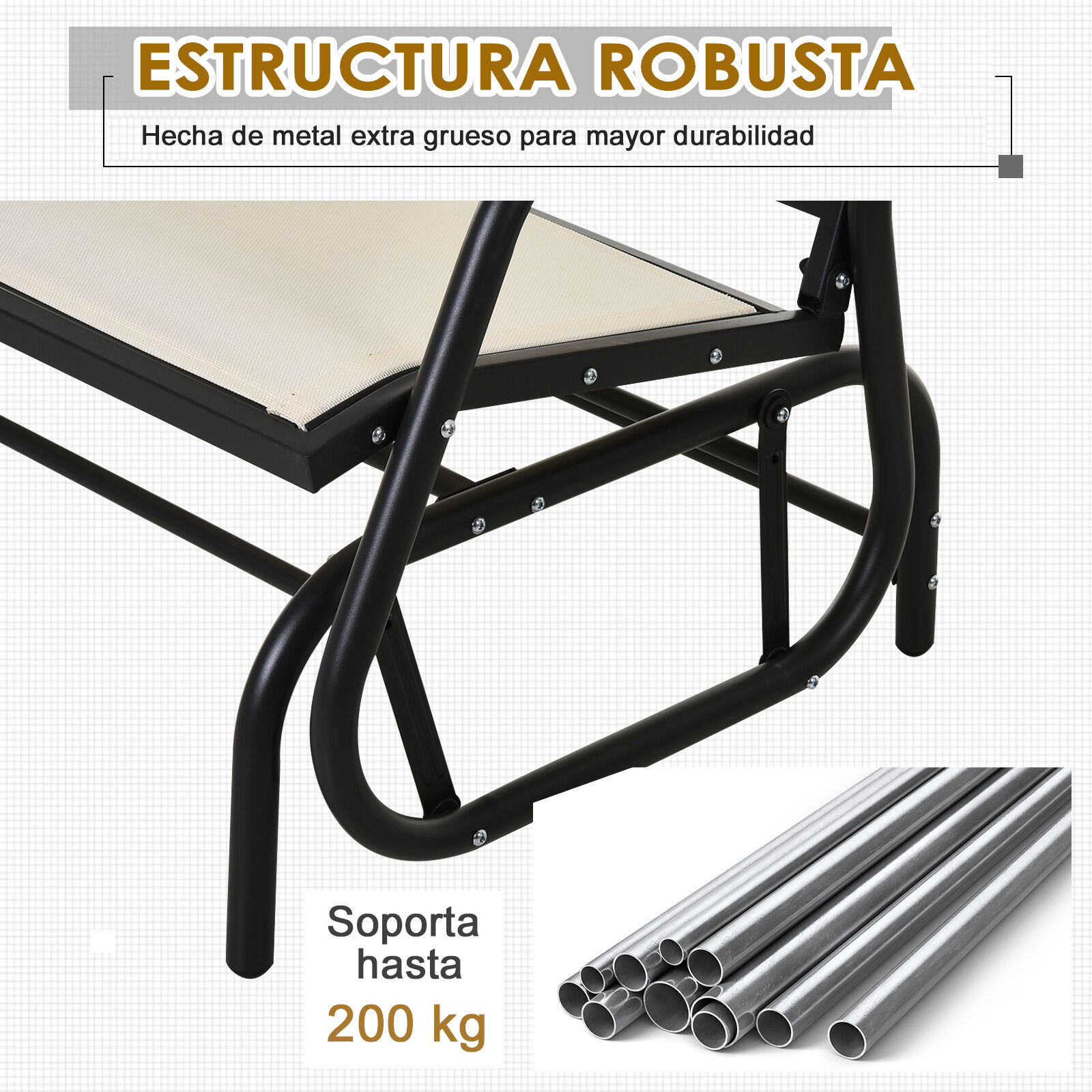 Outsunny Banco Balanc&iacute;n de 2 Plazas Silla Mecedora de Jard&iacute;n Tubo de Metal y Tela Texteline Transpirable para Exterior Carga M&aacute;x. 200 kg 120x70x85 cm Beige, , large Imagen numero 5