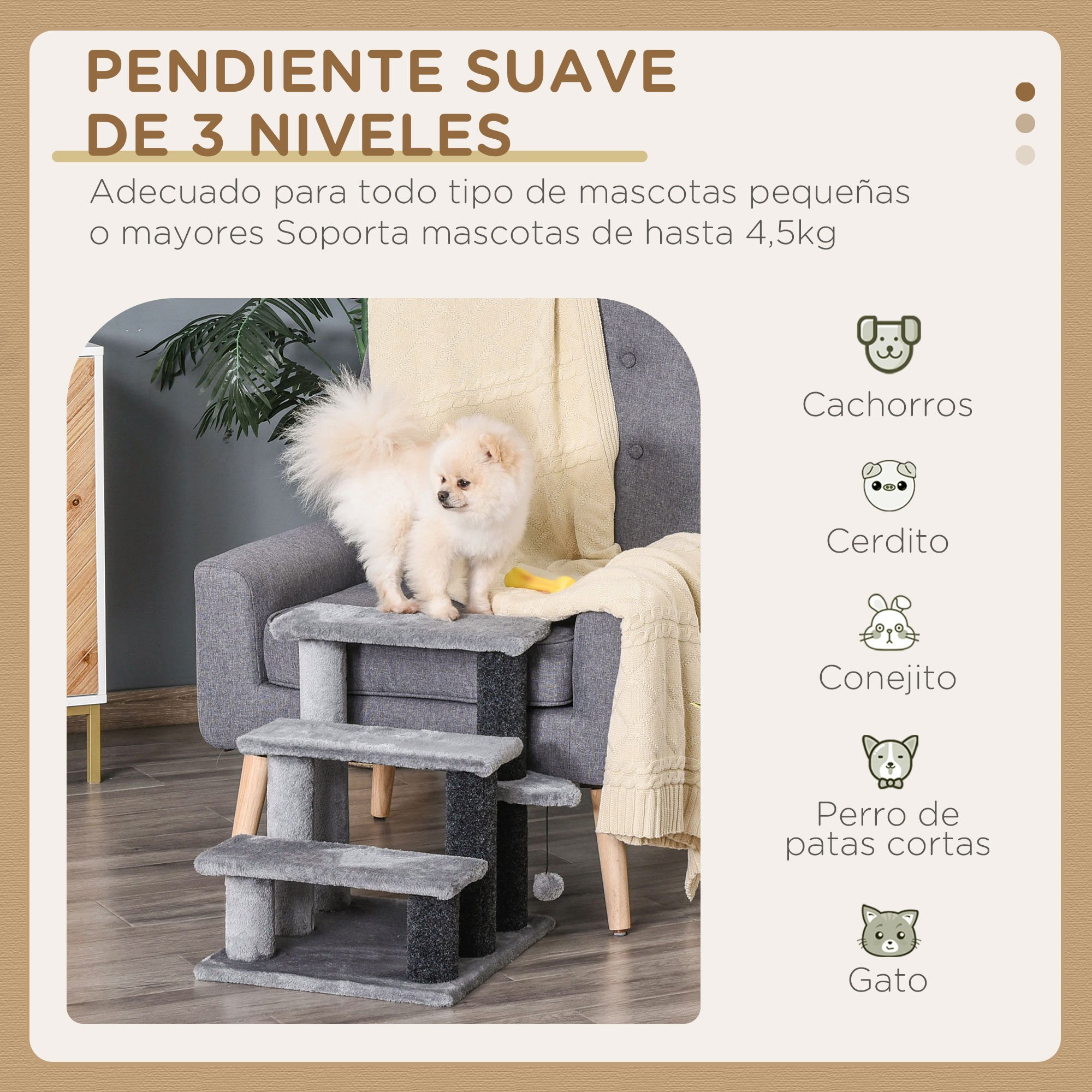 PawHut Escaleras para Gatos de 4 Escalones Escaleras para Mascotas &Aacute;rbol Rascador para Gatos Peque&ntilde;o con Poste Rascador Bola Colgante 60x40x64 cm Gris, , large Imagen numero 9