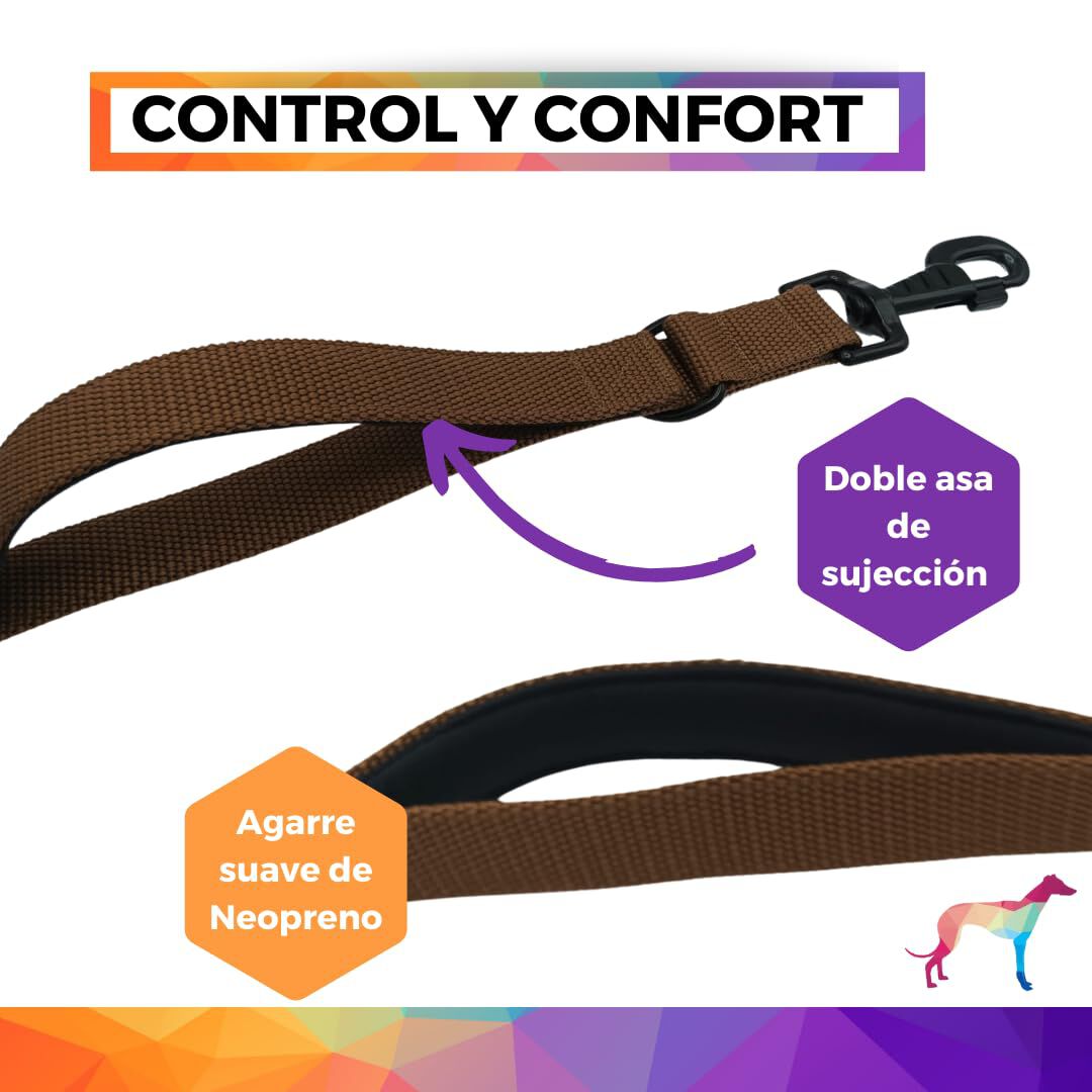 EGV - Correa multiposicion perro con doble asa de neopreno. Correa perro manos libres de 2,50 metros de longitud. (Marr&oacute;n), , large Imagen numero 2