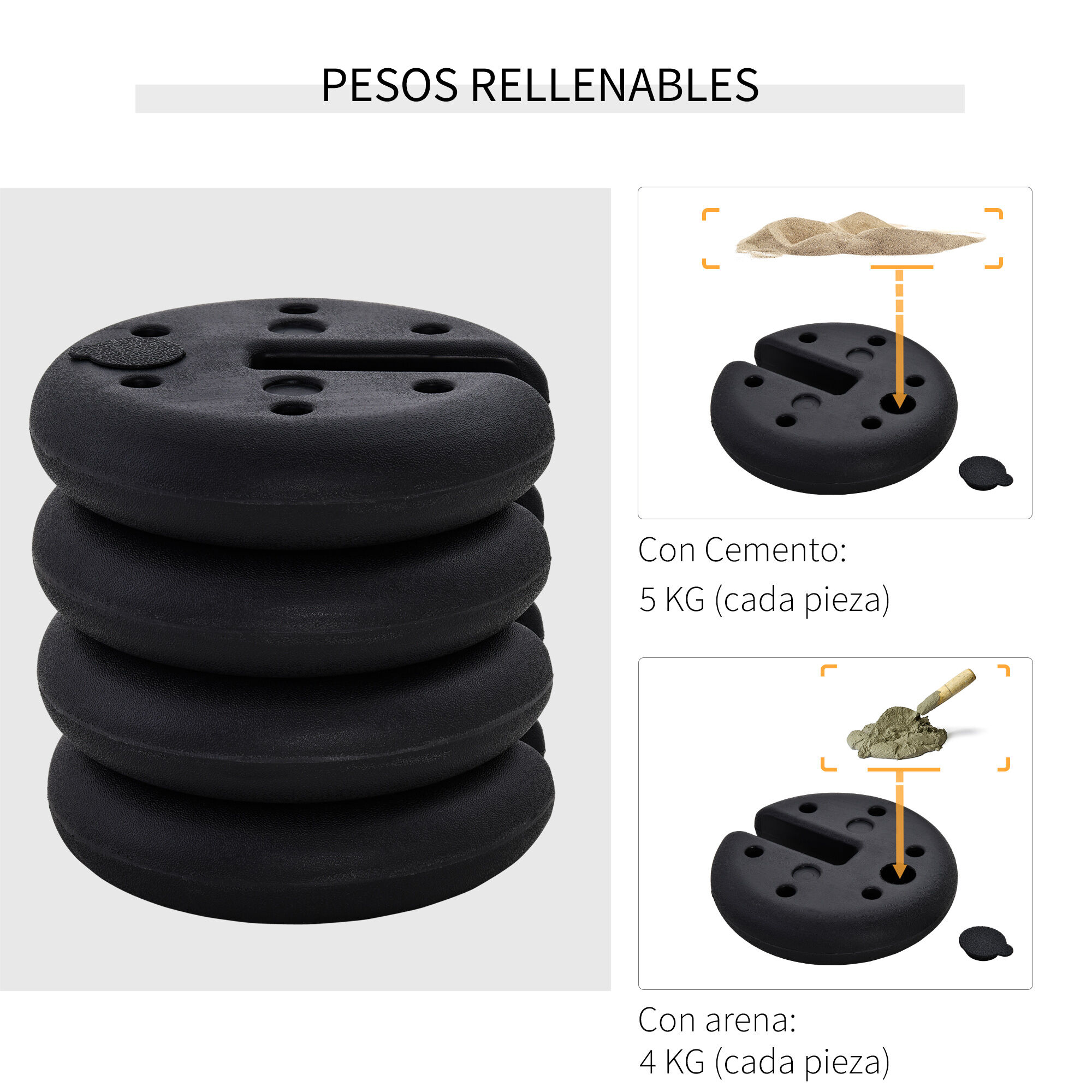 Outsunny Juego de 4 Pesos para Gazebo Rellenable Arena Cemento Base Peso Parasol Pie de Soporte para Carpa Base ponderada &Phi;25x6 cm, , large Imagen numero 4