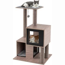 COSTWAY Mueble Rascador para Gatos, 93 cm Torre de Gatitos de Madera Multinivel con Poste Rascador de Sisal, Condominios, Percha, Cojines y Alfombrilla Extra&iacute;bles, &Aacute;rbol Rascador para Gatos