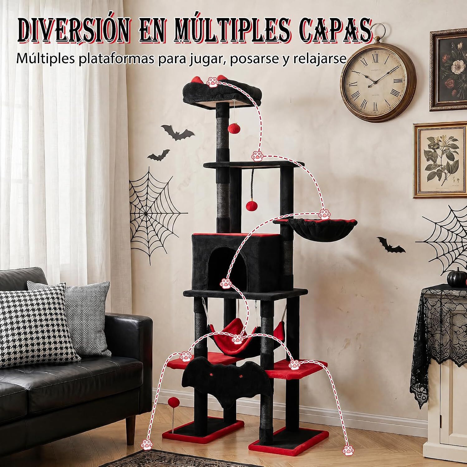 COSTWAY 178 cm &Aacute;rbol Rascador para Gatos de Estilo G&oacute;tico | con Casita, Plataforma, Hamaca, Postes Rascadores de Sisal y Bola Colgante, Torre para Gatos de 6 Niveles para Varios Gatitos, , large Imagen numero 3