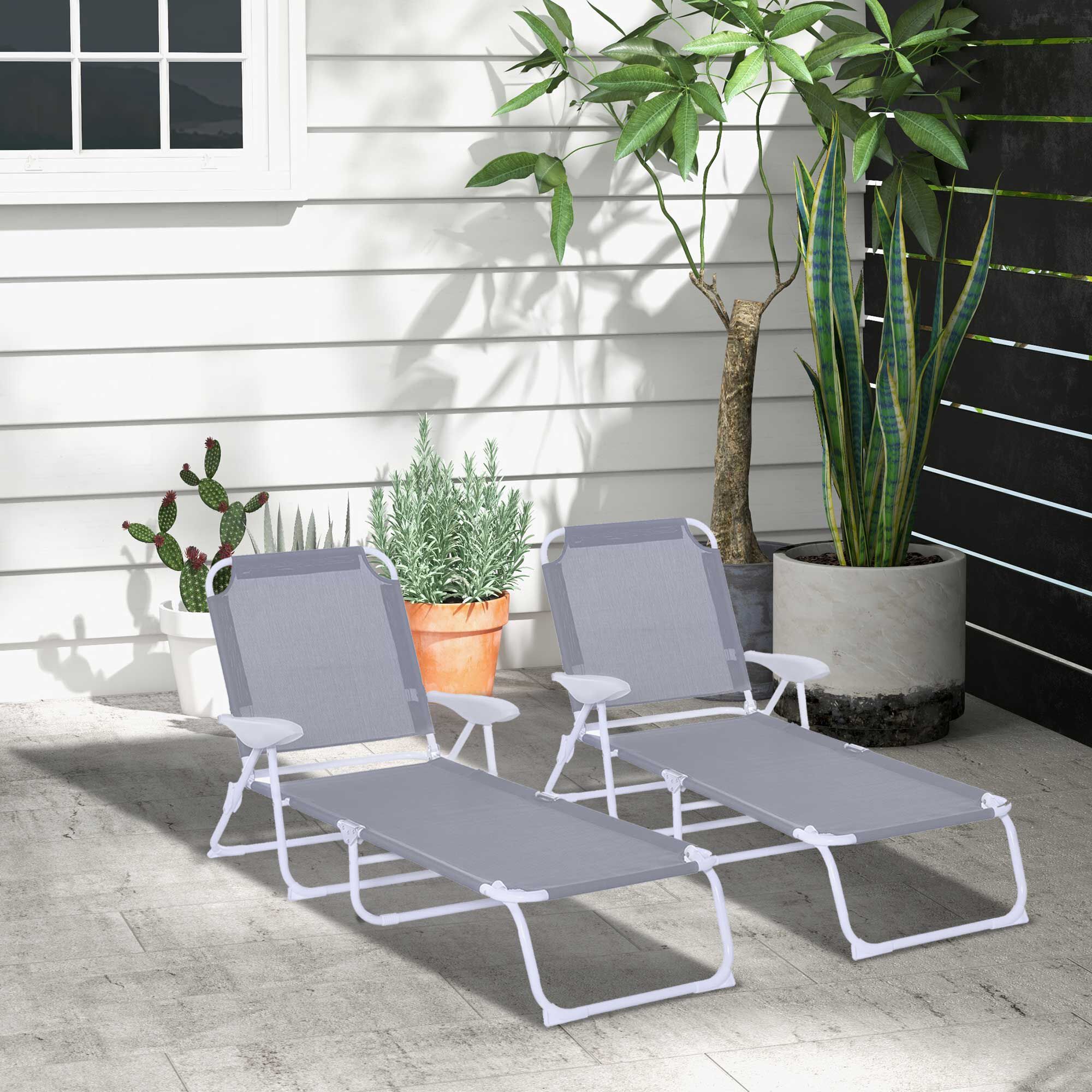 Outsunny Conjunto de 2 Tumbonas Plegables Tumbonas de Jard&iacute;n con Respaldo Ajustable en 4 Niveles Carga 120 kg para Terraza Piscina 186x66x80 cm Gris, , large Imagen numero 2