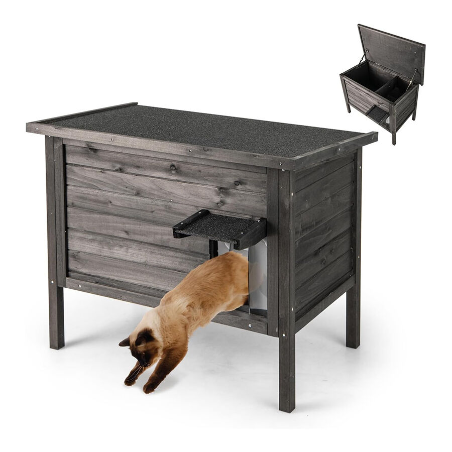 COSTWAY Casa para Gatos Aislada Exterior, Casa para Gatos de Madera con 2 Habitaciones, Divisor Removible, Techo Abatible, Puerta PVC, Recinto Elevado, Ideal para Invierno y Gatos Salvajes (Negro)