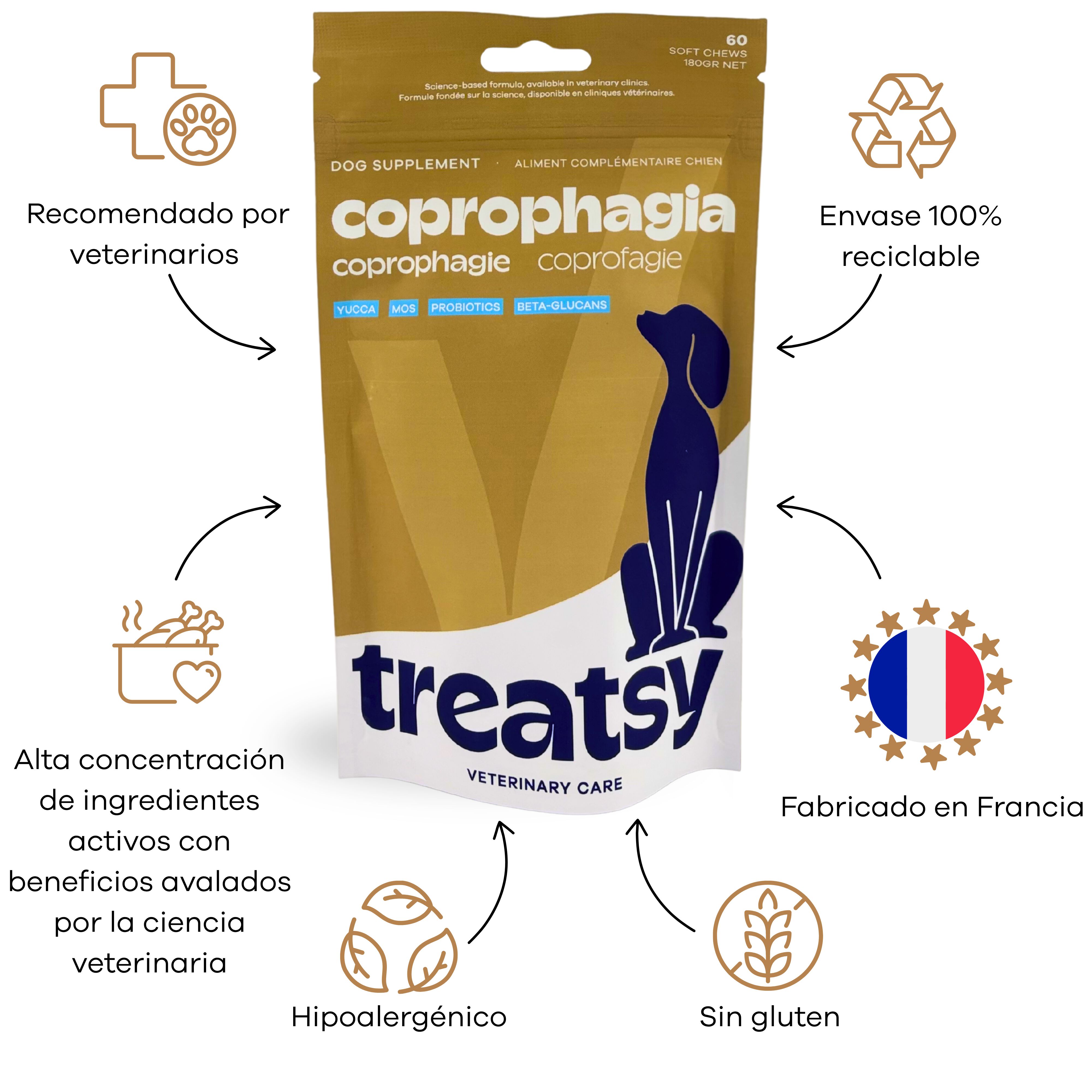 Treatsy Coprofagia Perro &ndash; Complemento Veterinario para Dejar de Comer Heces &ndash; Yucca, Probi&oacute;tico Enterococcus, MOS y Beta-Glucanos &ndash; 60 Snacks &ndash; Hipoalerg&eacute;nico, , large Imagen numero 2