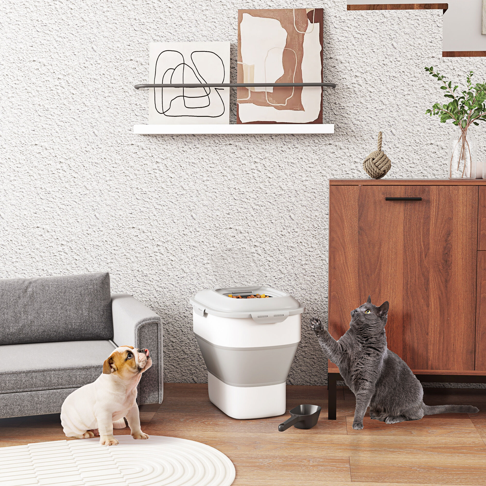 PawHut Contenedor de Comida para Perros Plegable 25L Contenedor de Pienso con Ruedas Taza Medidora Cuenco Plegable y Cuchara Contenedor de Comida para Mascotas Gatos Gris, , large Imagen numero 2