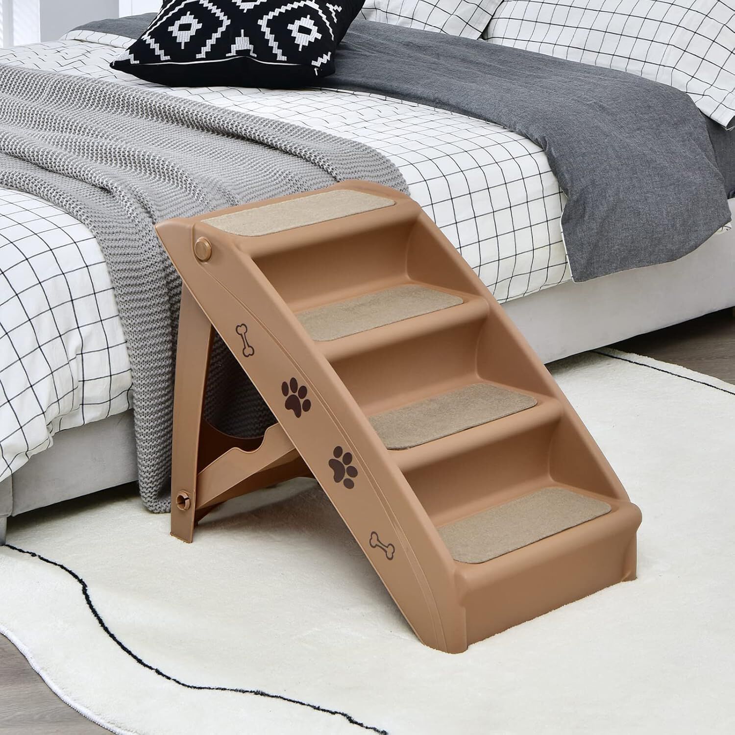 COSTWAY Escalera de Pl&aacute;stico Plegable para Mascotas con 4 Pelda&ntilde;os, Fieltro Blando, Ideal para Mascotas de Talla Peque&ntilde;a y Mediana (marr&oacute;n), , large Imagen numero 2