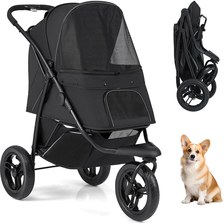 COSTWAY Cochecito Plegable para Perros, Carrito para Perros Pequeños con Ruedas Todoterreno, Freno, Capota Ajustable, Cesta, Cojín, Correa de Seguridad, Bolsa de Transporte Mascota, Hasta 25kg (Negro)