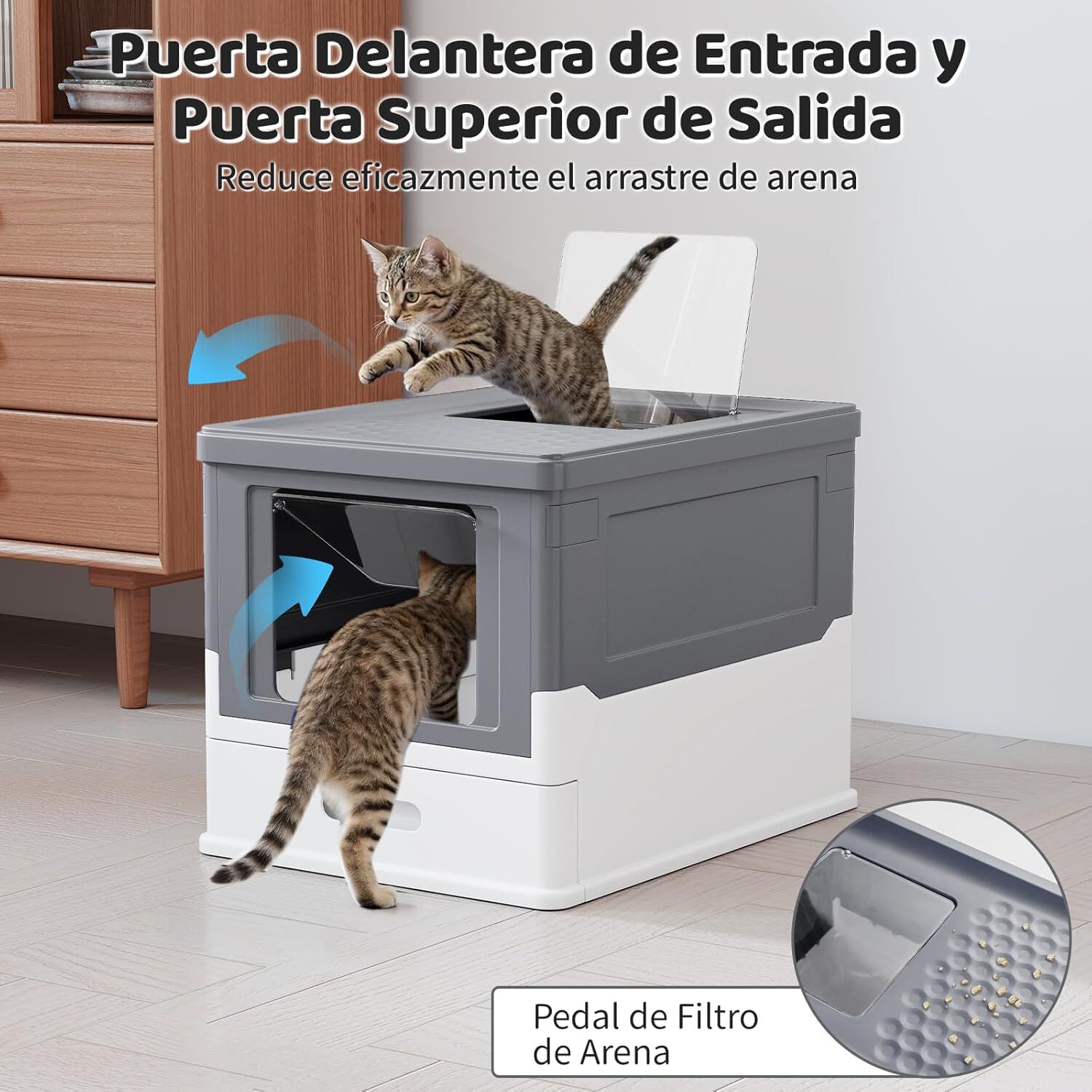 COSTWAY Arenero para Gatos Cubierto, Caja de Arena para Gatos Grande con Entrada Frontal y Salida Abatible, Bandeja Port&aacute;til, Caj&oacute;n, Arenero Cerrado Plegable para Gato, 50x38x37 cm (Gris + Blanco), , large Imagen numero 2