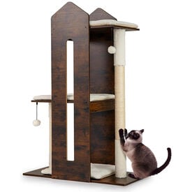 COSTWAY 120 cm &Aacute;rbol Rascador para Gato de Madera, Torre Rascador para Gatos con Poste de Sisal, Pelotas Colgantes, Cojines de Peluche Lavables, Mueble Auxiliara Multinivel para Gato, Industrial