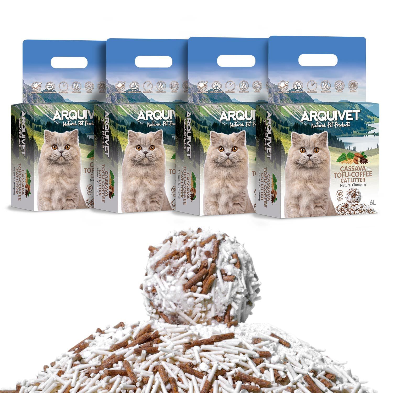 Lecho de Cassava + Tofu + Caf&eacute; para gatos - 6L (Pack de 4) - Arquivet - Arena aglomerante de Cassava + Tofu + Caf&eacute;, , large Imagen numero 1