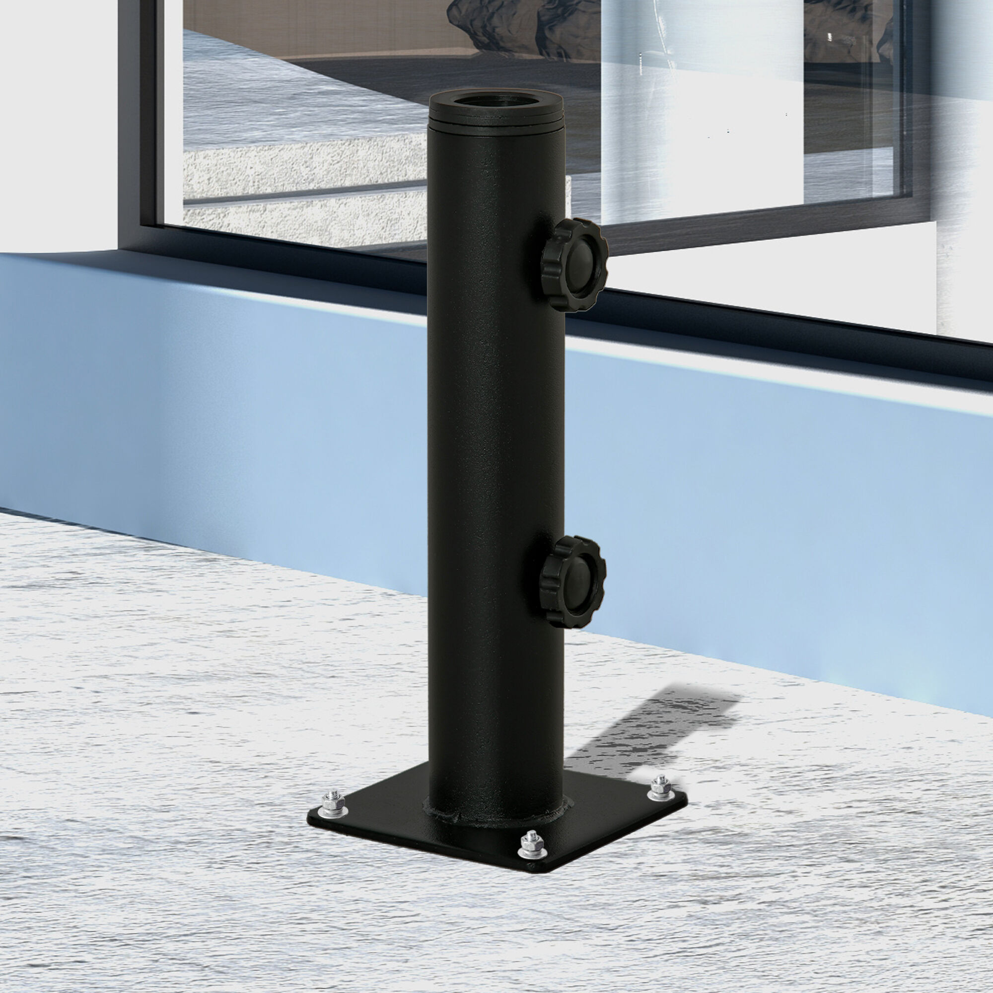 Outsunny Soporte de Parasol para Suelo de Cemento con 2 Botones de Bloqueo y 4 Tornillos de Expansi&oacute;n Base de Sombrilla para Palo de Paraguas de 34/38/48mm 12x12x30 cm Negro, , large Imagen numero 2