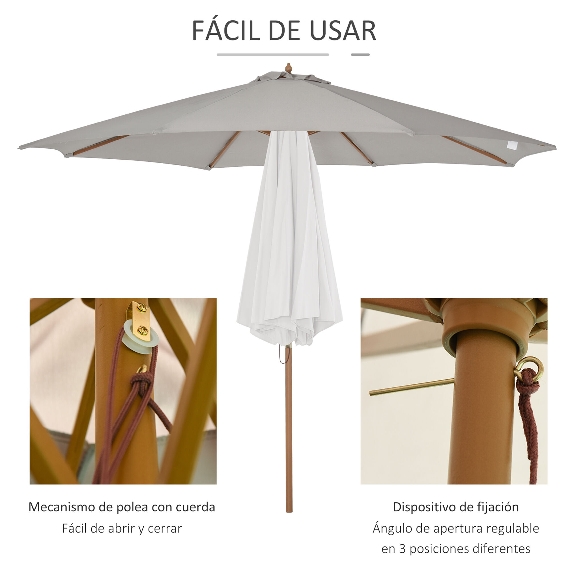Outsunny Sombrilla Parasol de Jard&iacute;n &Oslash;300x250 cm con Sistema de Pestillo de Fijaci&oacute;n Techo Ventilado y Poste Desmontable de Madera para Terraza Patio Exterior Gris, , large Imagen numero 5