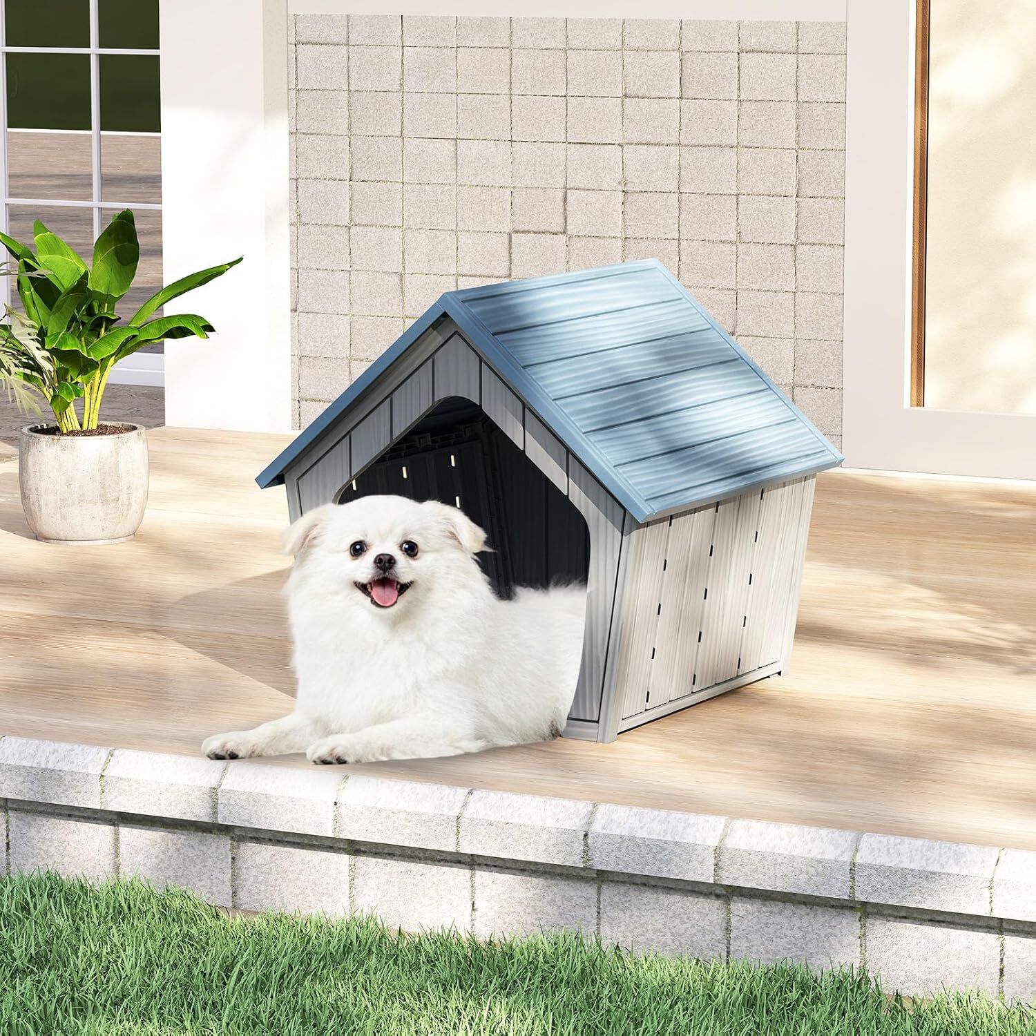 COSTWAY Caseta Gatos Exterior, 59,5x57x58 cm, Casa para Gatos Impermeable de Pl&aacute;stico, Resistente a la Intemperie, Condominio para Mascotas de Interior Exterior con Ventilaci&oacute;n y Techo Inclinado, Azul, , large Imagen numero 2
