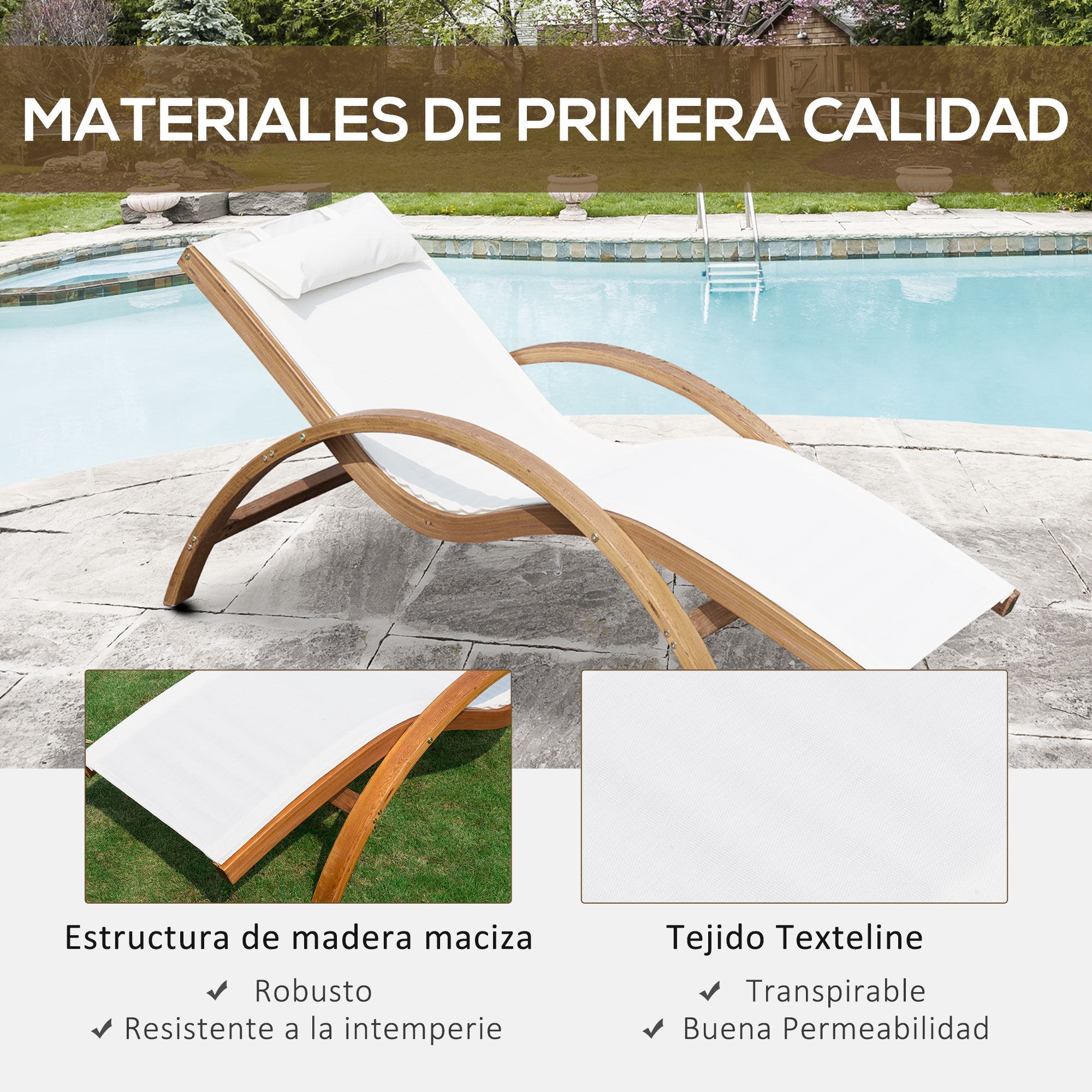 Outsunny Tumbona tipo Hamaca para Jard&iacute;n Terraza Playa Piscina o Patio 161x72x68 cm Color Blanco hecha de Madera Malla y Texteline con Almohadilla, , large Imagen numero 5
