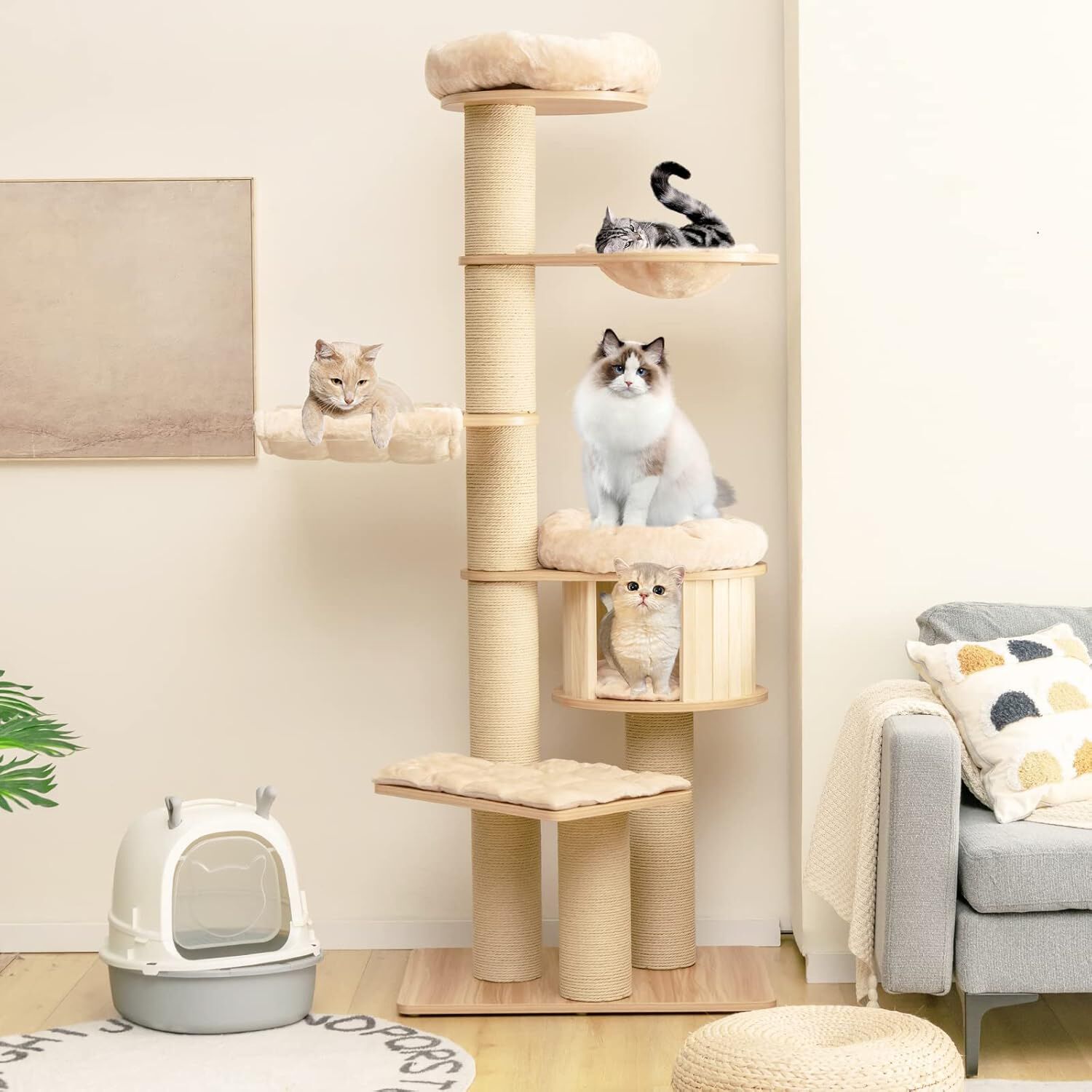 COSTWAY Rascador para Gatos, &Aacute;rbol para Gatos Altura 191 cm, Condominio de Madera,Percha Espaciosa, Hamaca, Cama, Postes de Rascado y Tapetes Lavables, Centro de Actividades para Gatos, , large Imagen numero 2