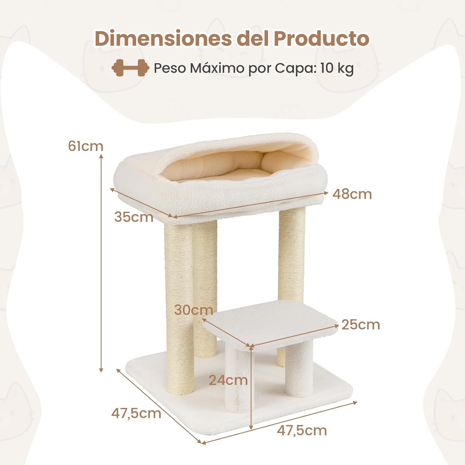 COSTWAY &Aacute;rbol Rascador para Gatos, 61 cm Torre para Gato con C&oacute;moda Cama y Manta de Peluche, 3 Postes Rascador de Sisal, Plataforma Acolchada, &Aacute;rbol Gatos Peque&ntilde;o, Ahorrar Espacio, Blanco, , large Imagen numero 5