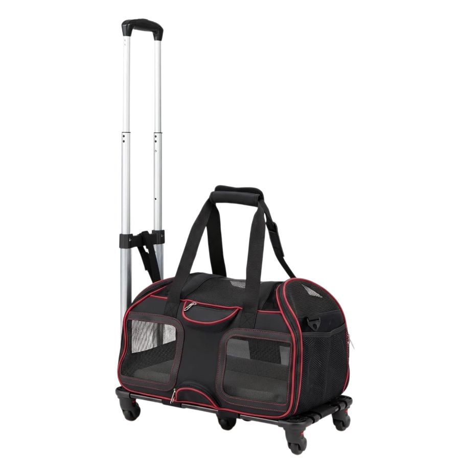 COSTWAY Transport&iacute;n con Ruedas para Gatos con Mango Telesc&oacute;pico, Bolsa Transporte Plegable con Asa Acolchada, Entradas con Cremallera y Coj&iacute;n Extra&iacute;ble, Portador de Viaje para Mascotas, Negro Rojo, , large Imagen numero 1