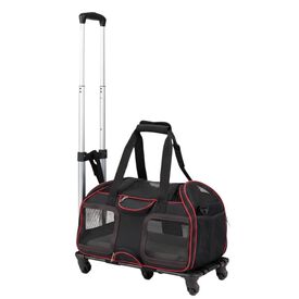 COSTWAY Transport&iacute;n con Ruedas para Gatos con Mango Telesc&oacute;pico, Bolsa Transporte Plegable con Asa Acolchada, Entradas con Cremallera y Coj&iacute;n Extra&iacute;ble, Portador de Viaje para Mascotas, Negro Rojo