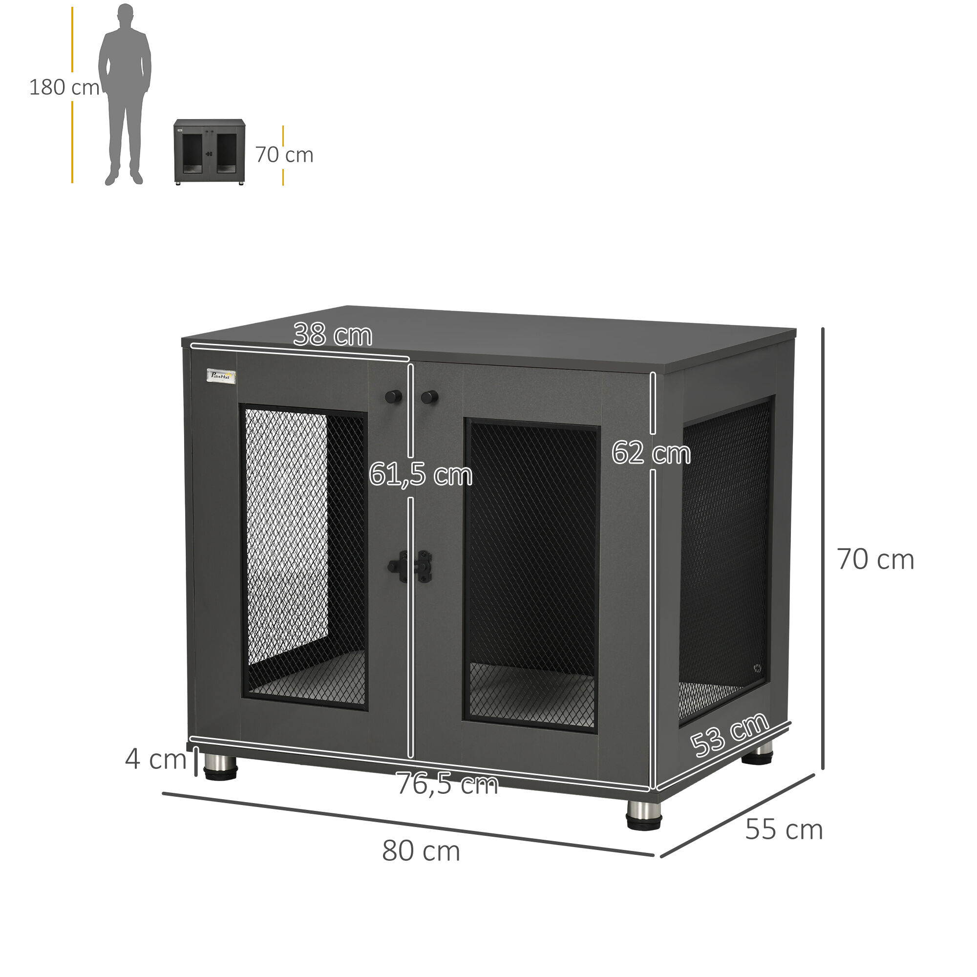 PawHut Jaula para Perros Medianos Mesa Auxiliar 80x55x70 cm con 2 Puertas con Pestillo Coj&iacute;n de Tela Oxford Extra&iacute;ble y Rejillas de Acero Perrera para Interiores Gris, , large Imagen numero 3