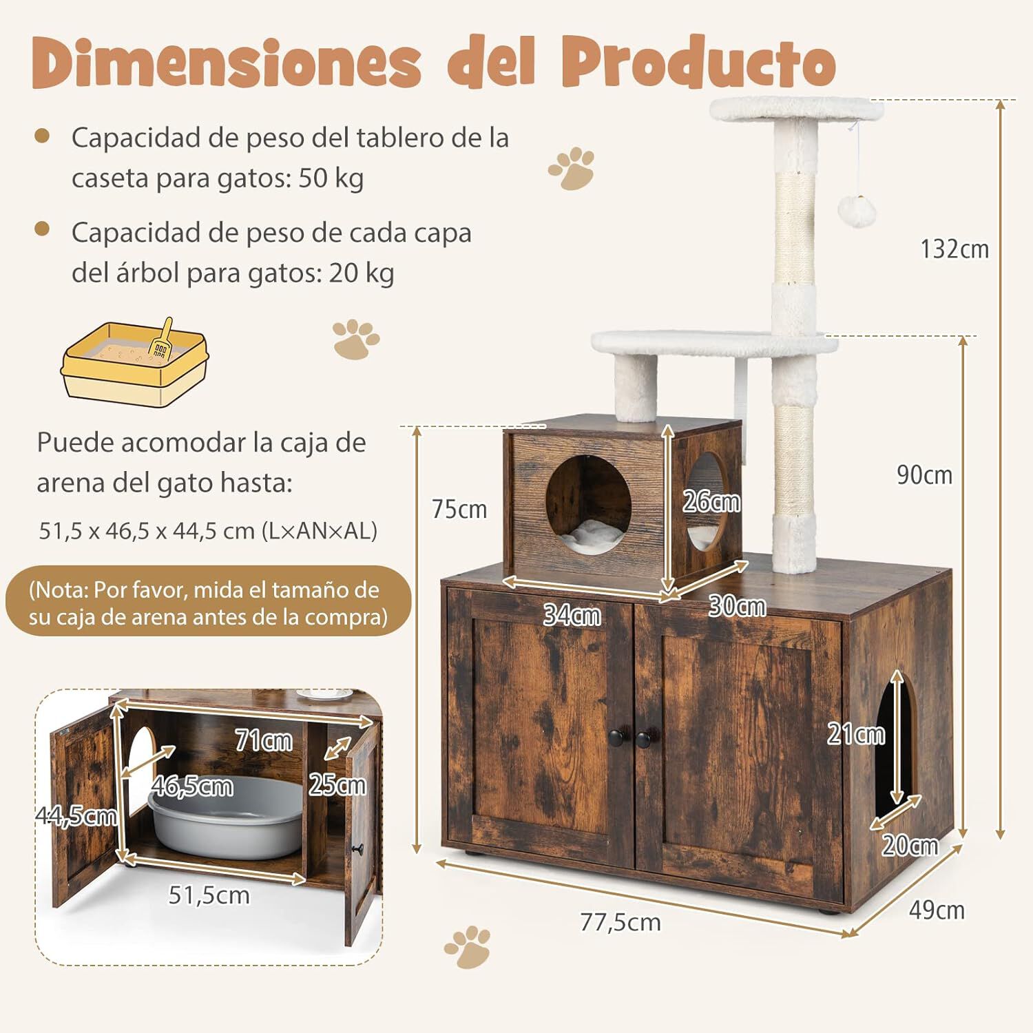COSTWAY Casa de Madera para Gatos con Torre Rascadora y Caja de Arena, Todo en 1, con Escondite y Divisi&oacute;n, Mueble para Gatos en Interiores, , large Imagen numero 5
