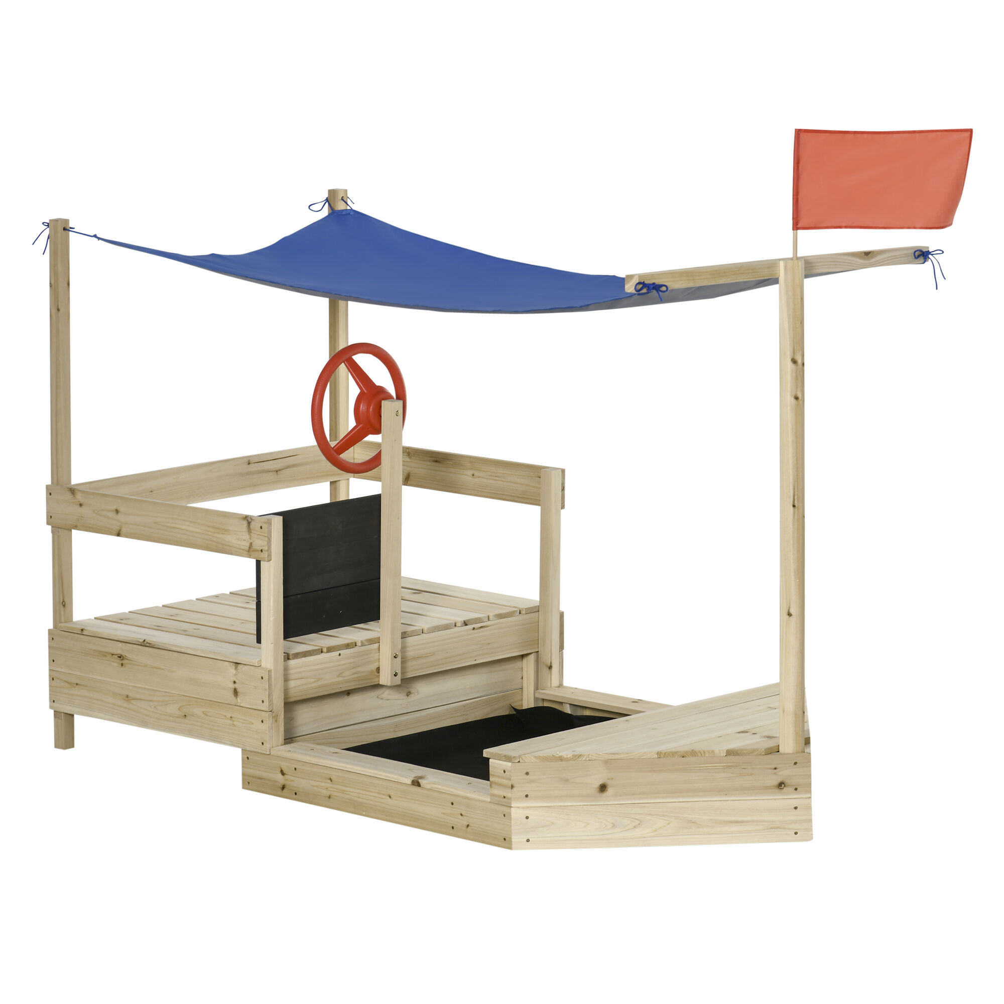 Outsunny Arenero Infantil de Madera Caj&oacute;n de Arena de Jard&iacute;n Dise&ntilde;o de Gale&oacute;n con Vela Toldo Pizarra Bandera Roja y Tim&oacute;n para Ni&ntilde;os de +3 A&ntilde;os 180x91,5x144 cm Natural, , large Imagen numero 1