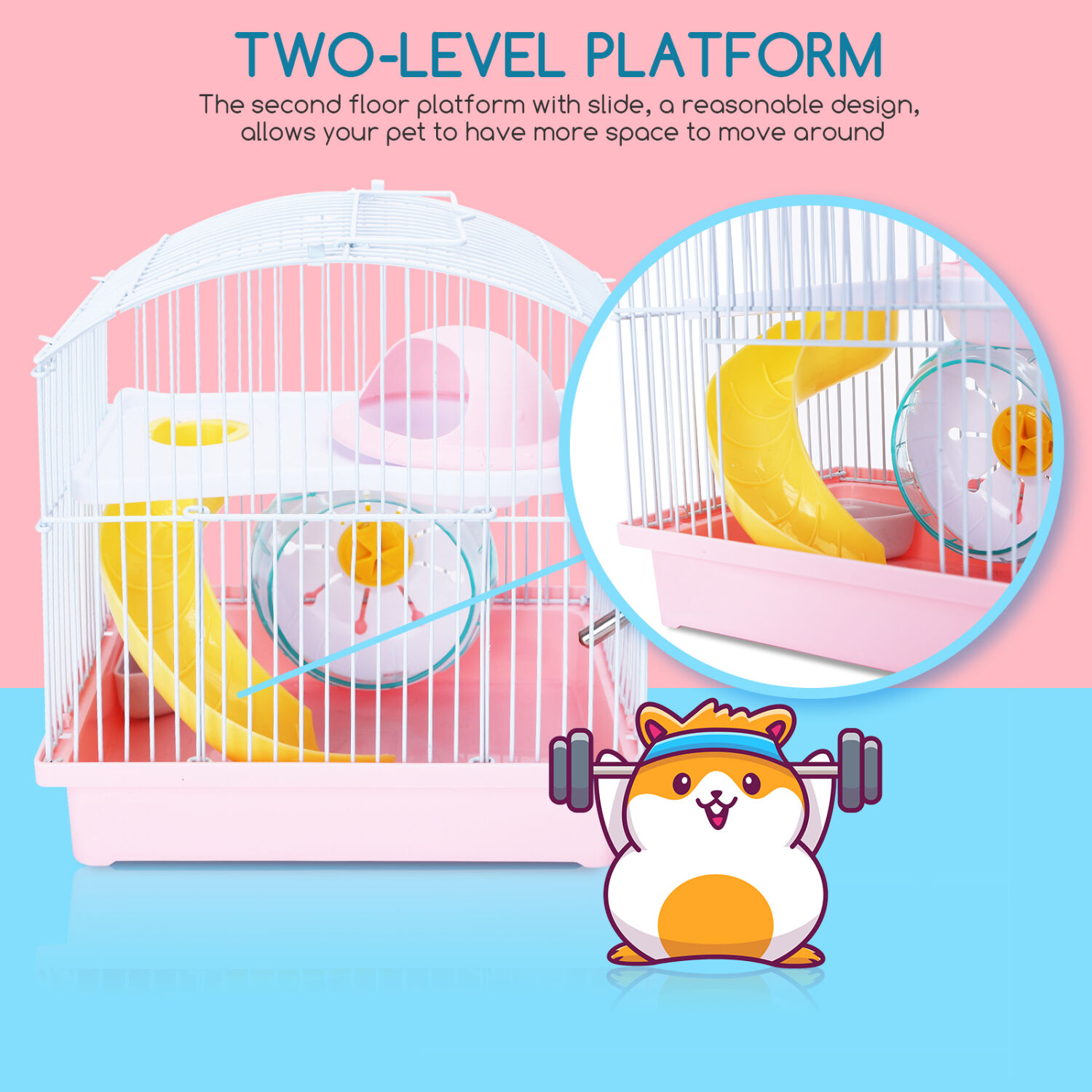 Nobleza - Jaula para H&aacute;mster， Casa para Animales Peque&ntilde;os 2 Pisos con Rueda Bebedero comedero， L23*W17*H24CM (Rosa), , large Imagen numero 2