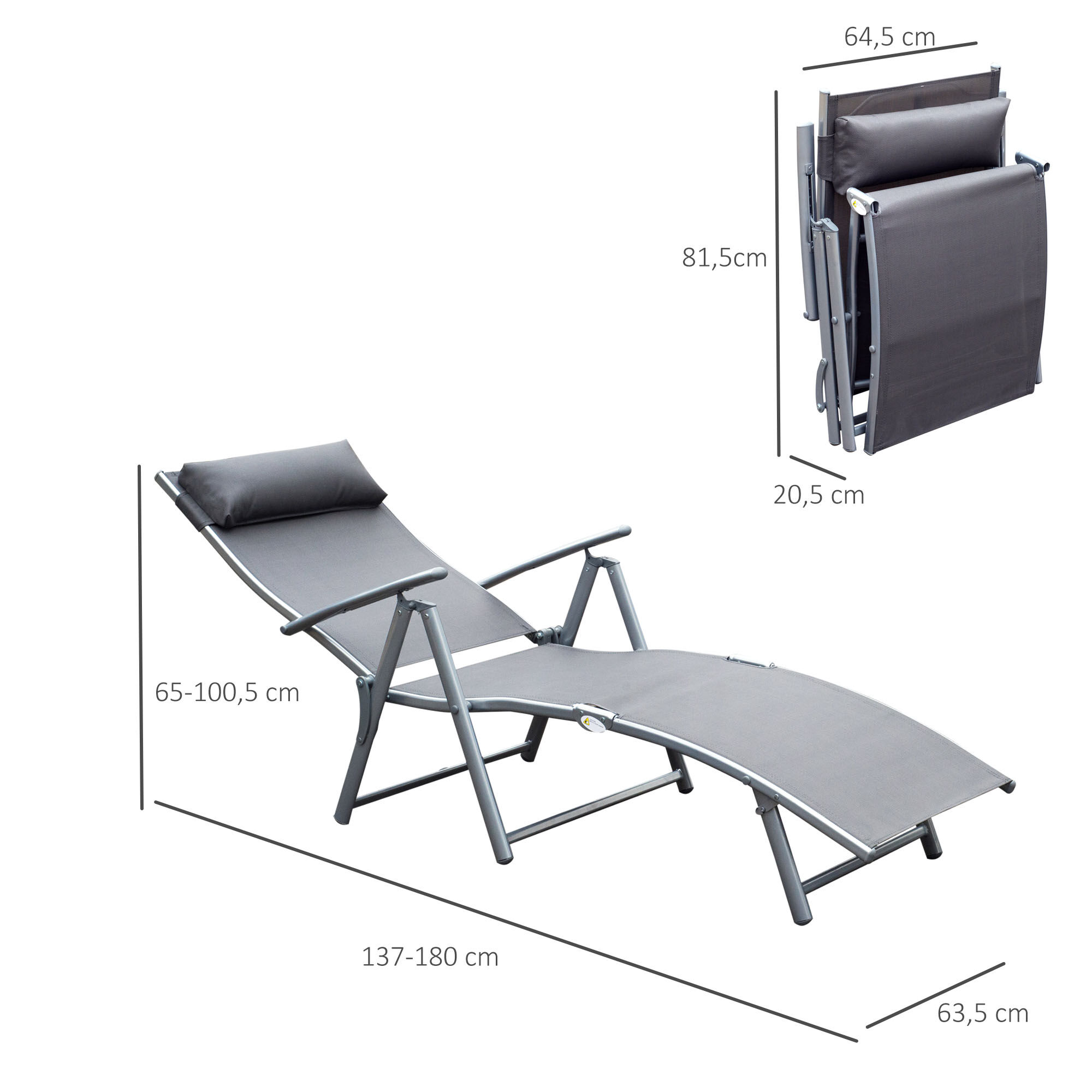 Outsunny Tumbona Plegable Tumbona de Jard&iacute;n con Respaldo Ajustable en 7 Niveles Almohada y Reposabrazos Carga 165 kg para Piscina Terraza Camping 137x63,5x100,5 cm Gris, , large Imagen numero 3