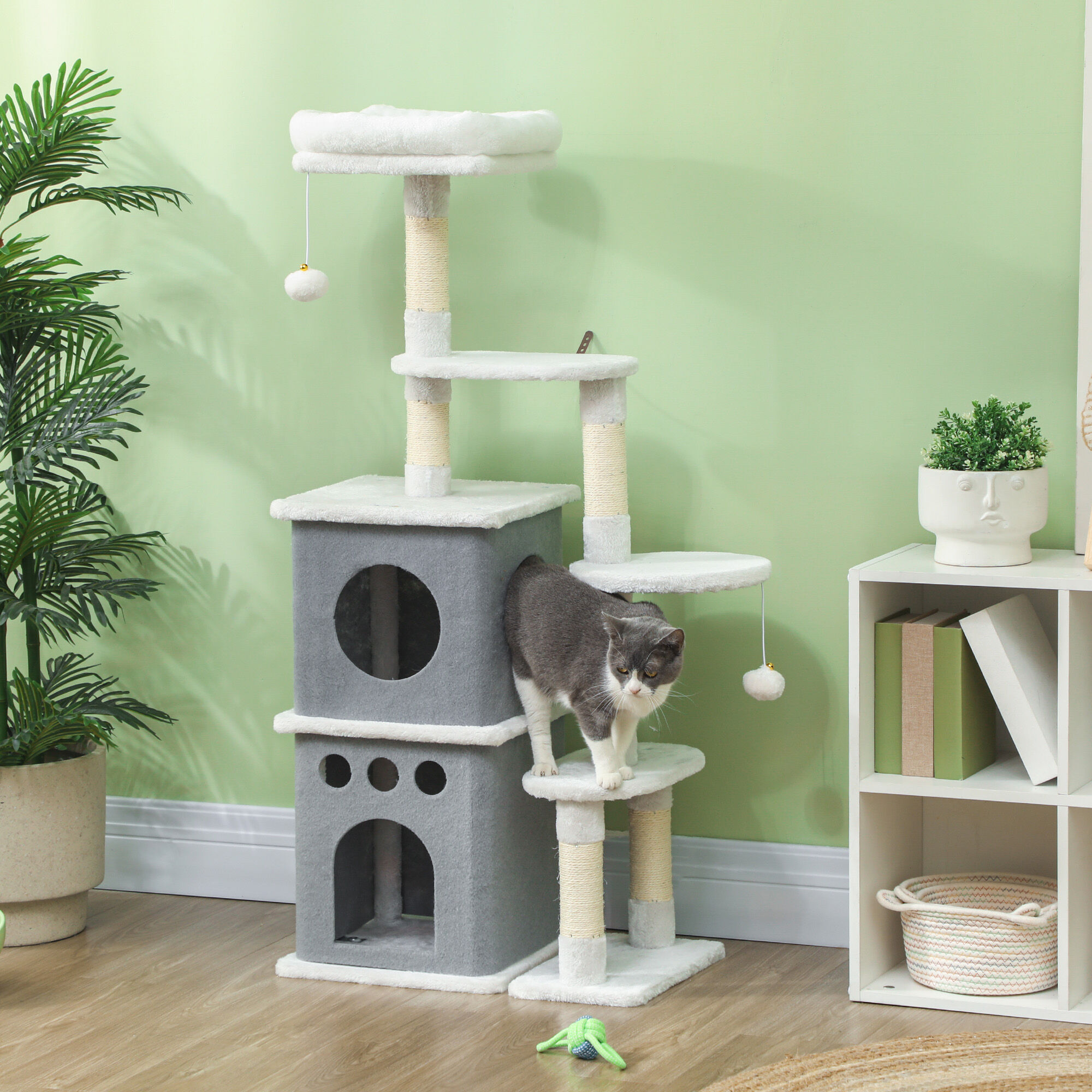 PawHut &Aacute;rbol Rascador para Gatos 126 cm Torre para Gatos Rascador para Gatos con Nidos Plataformas Bolas Colgantes y Postes de Sisal Crema, , large Imagen numero 2
