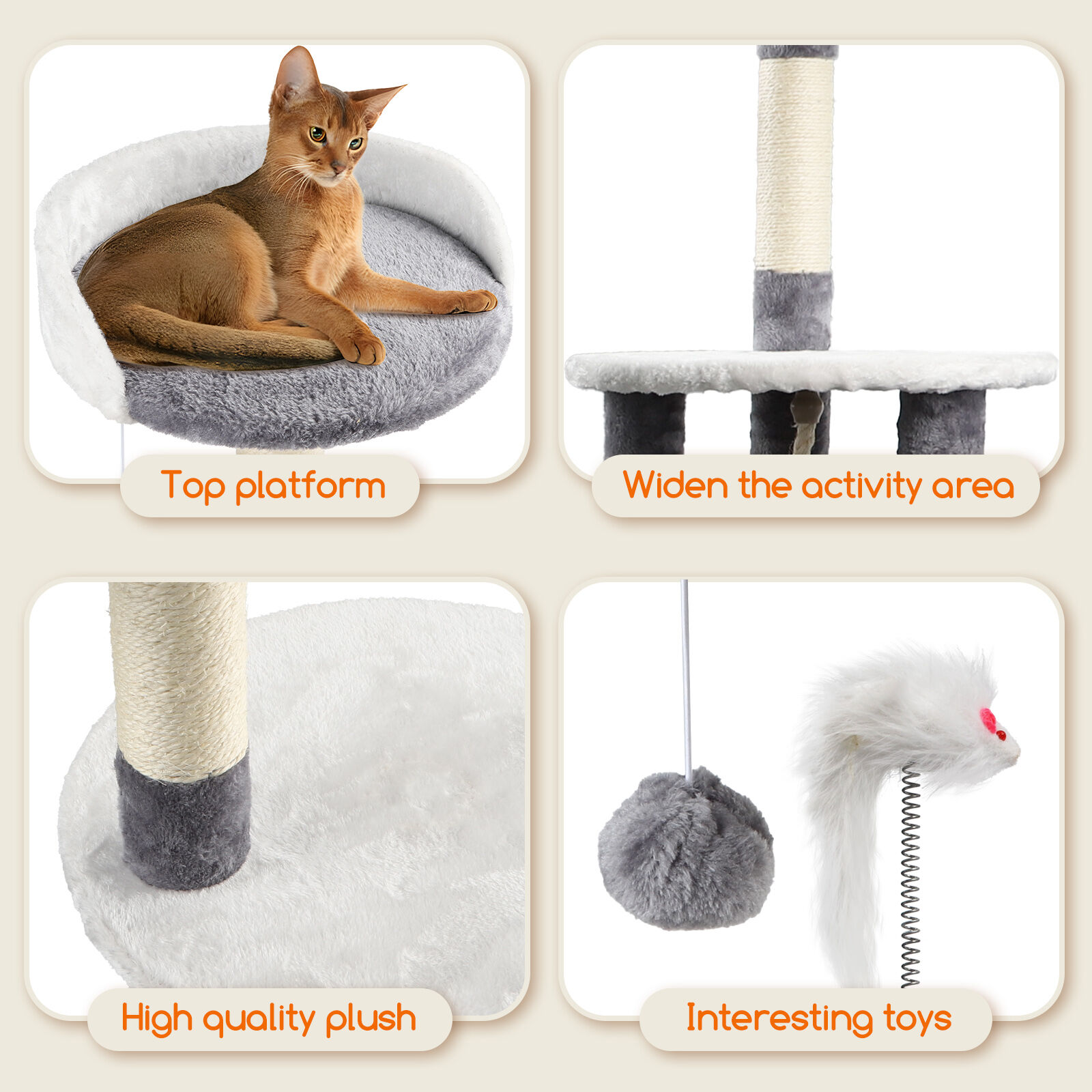 Nobleza Rascador para gatos, Altura 118.5 cm, &Aacute;rbol Estable para Gatos, 4 Plataformas, 1 Cueva, 1 Pomp&oacute;n, 1 Peluche, Gris, , large Imagen numero 2