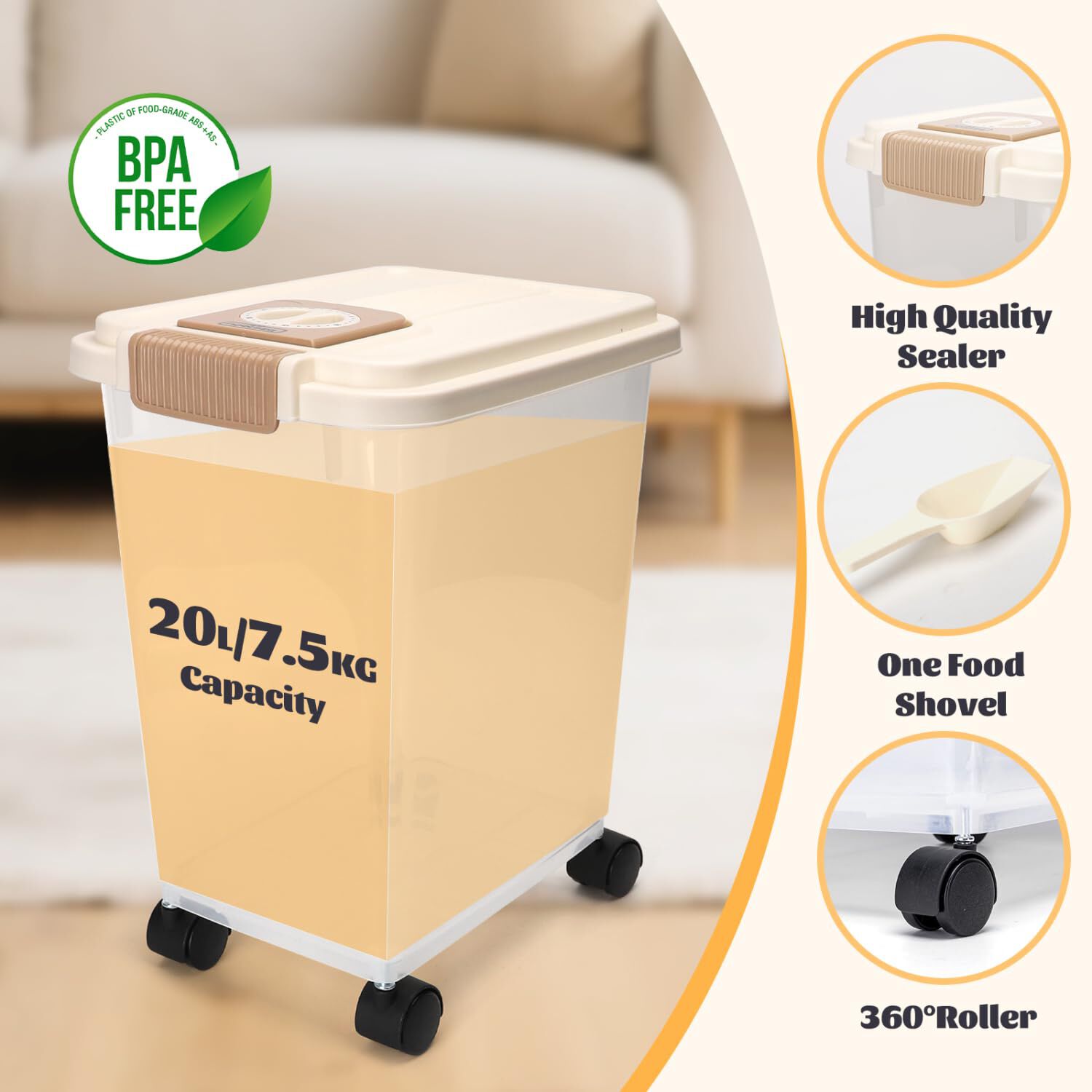 Nobleza Contenedor de Pienso para Mascotas 40L, con Ruedas, Tapa Abatible, Cuchara y Marcador de Fecha, Caja Hermética Transparente para Perros y Gatos thumbnail